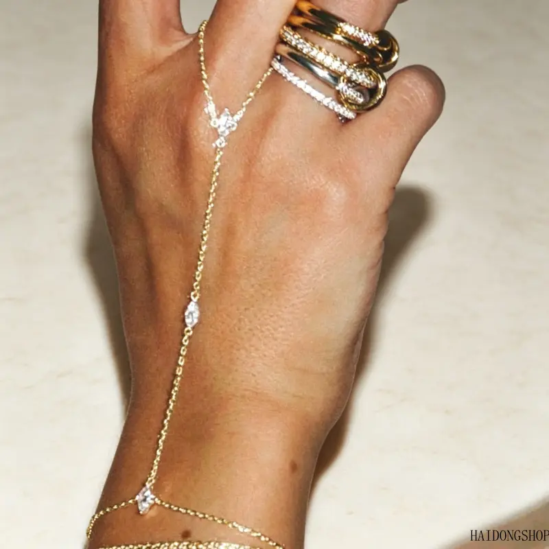 Minimal Indie Viral Marquise Linked Finger Bracelet, Niche Unique Multi-Layer Adjustable Back Hand Chain, Chic Dainty Stack Accessory For Women Daily Dating Night Out Styling,blue,friendship,ideal,christmas,gift