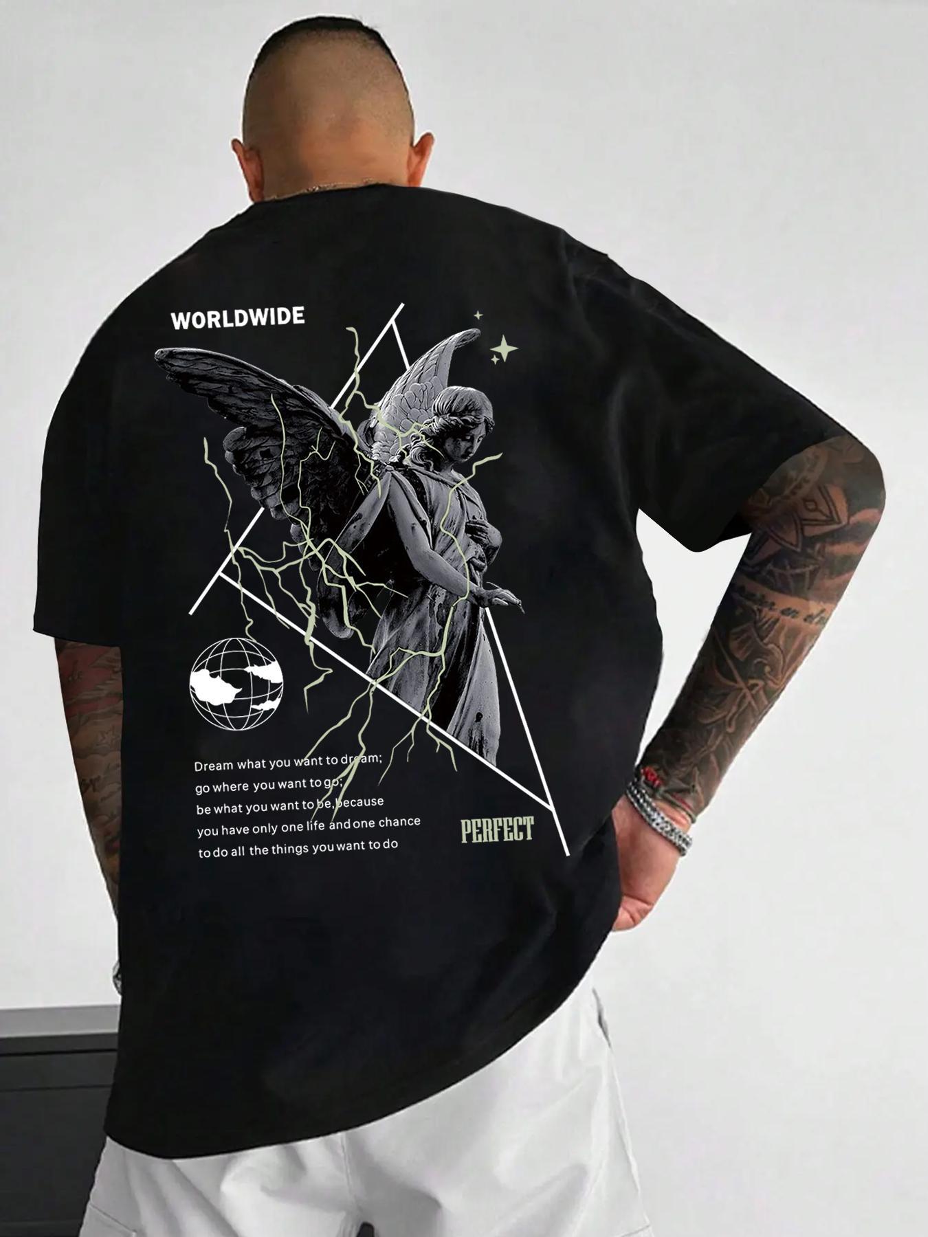 Unisex Men's Letter & Sculpture Print Drop Shoulder Tee, Loose Crew Neck Half Sleeve T-shirt for Men, Casual Comfy Knitting Top for Summer