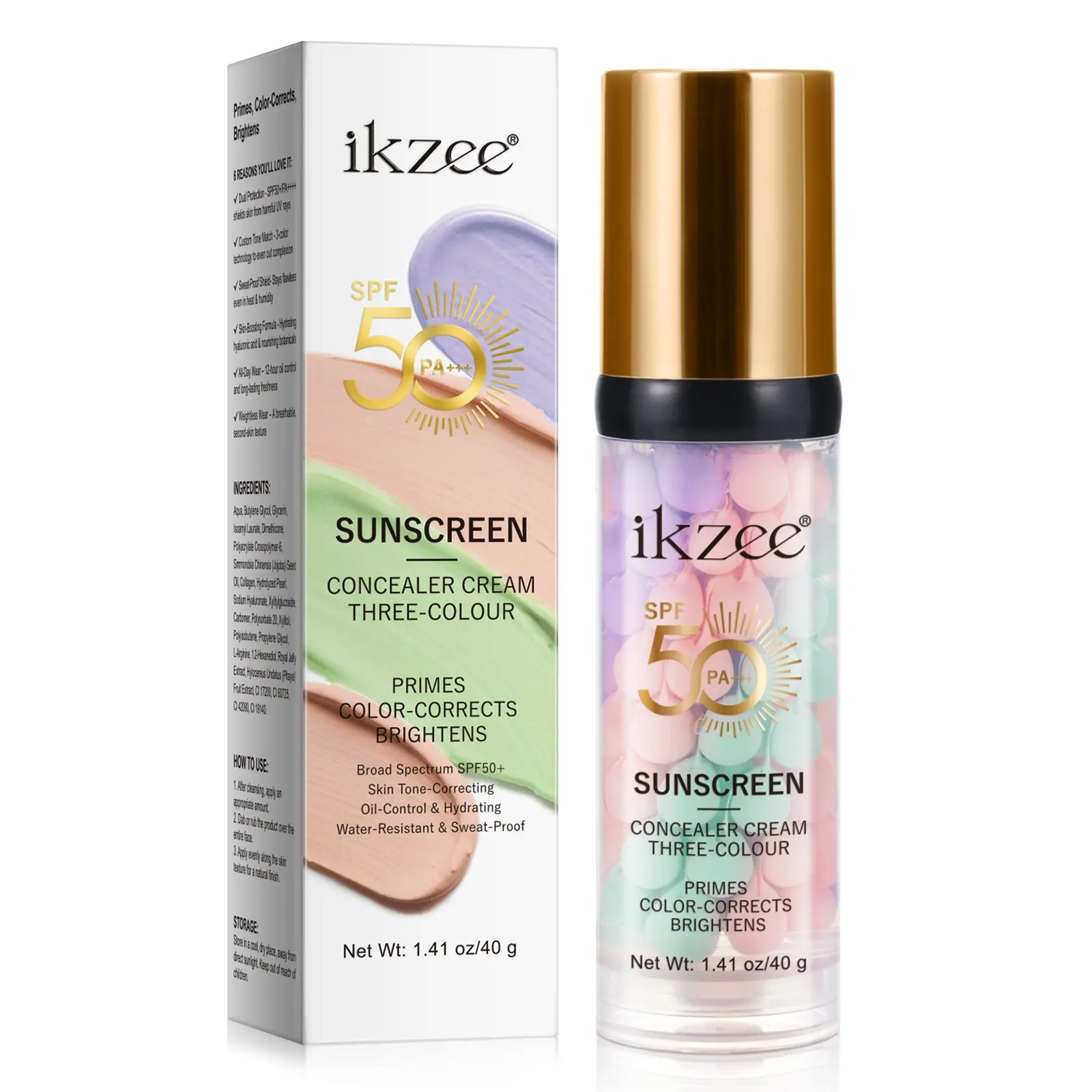 ikzee Three-Tone Concealing Primer, 3-in-1 Primer, SPF 50, Sunscreen Primer, Tinted Moisturizer, One-Step Color-Correcting Primer, Oil-Controlling Concealing Primer, Skin-Tone Correcting Primer, Radiant Skin