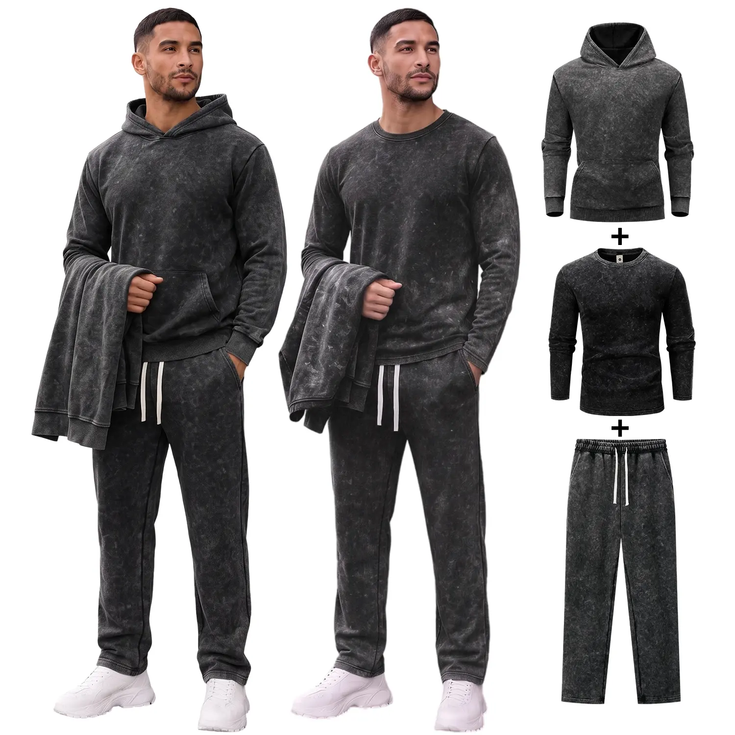 Men's 3 Piece Sweatsuit Set, 8.6 oz/yd² Cotton Blend French Terry Hoodie & Straight-Leg Pants with 5.0 oz Long Sleeve T-Shirt, Vintage Mineral Wash Relaxed Y2K Streetwear Outfit for Fall Winter, Gift for Boyfriend