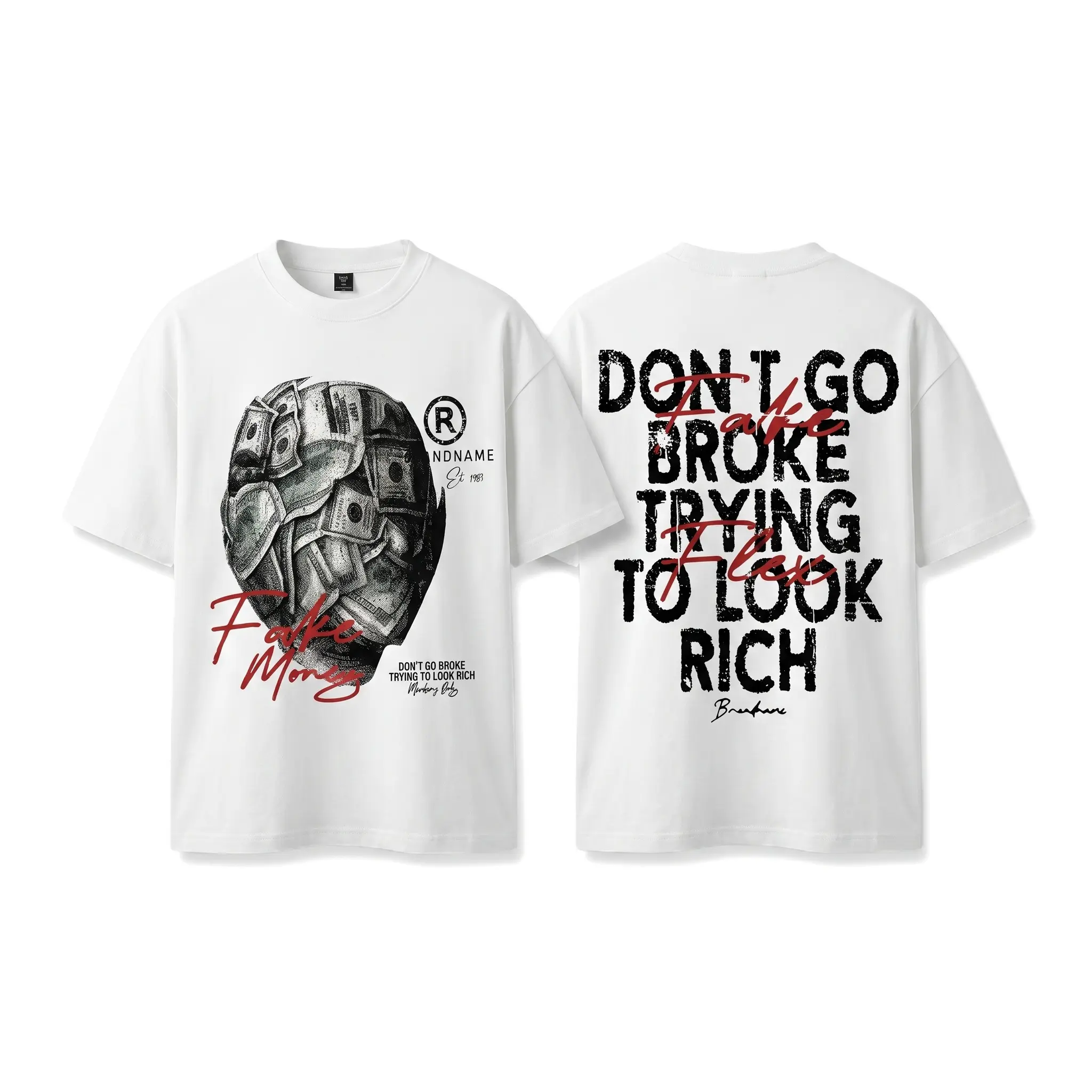 Cotton Oversized Graphic T Shirt, Fake Money Dollar Skull Front & Distressed Letter Back Print, Don’t Go Broke Trying To Look Rich Streetwear Crew Neck Unisex White Tee
