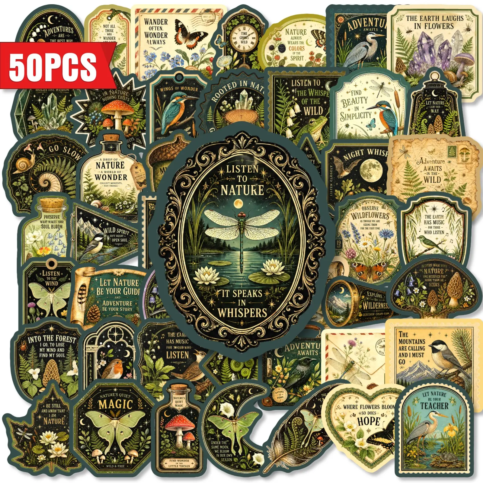 50 Pieces Vintage Forest Crystal Mushroom Series Stickers, Home Decor Accessories Suitable for Scrapbooks, Journals, Laptops, Water Bottles, Cars and More, Creative Birthday Gifts
