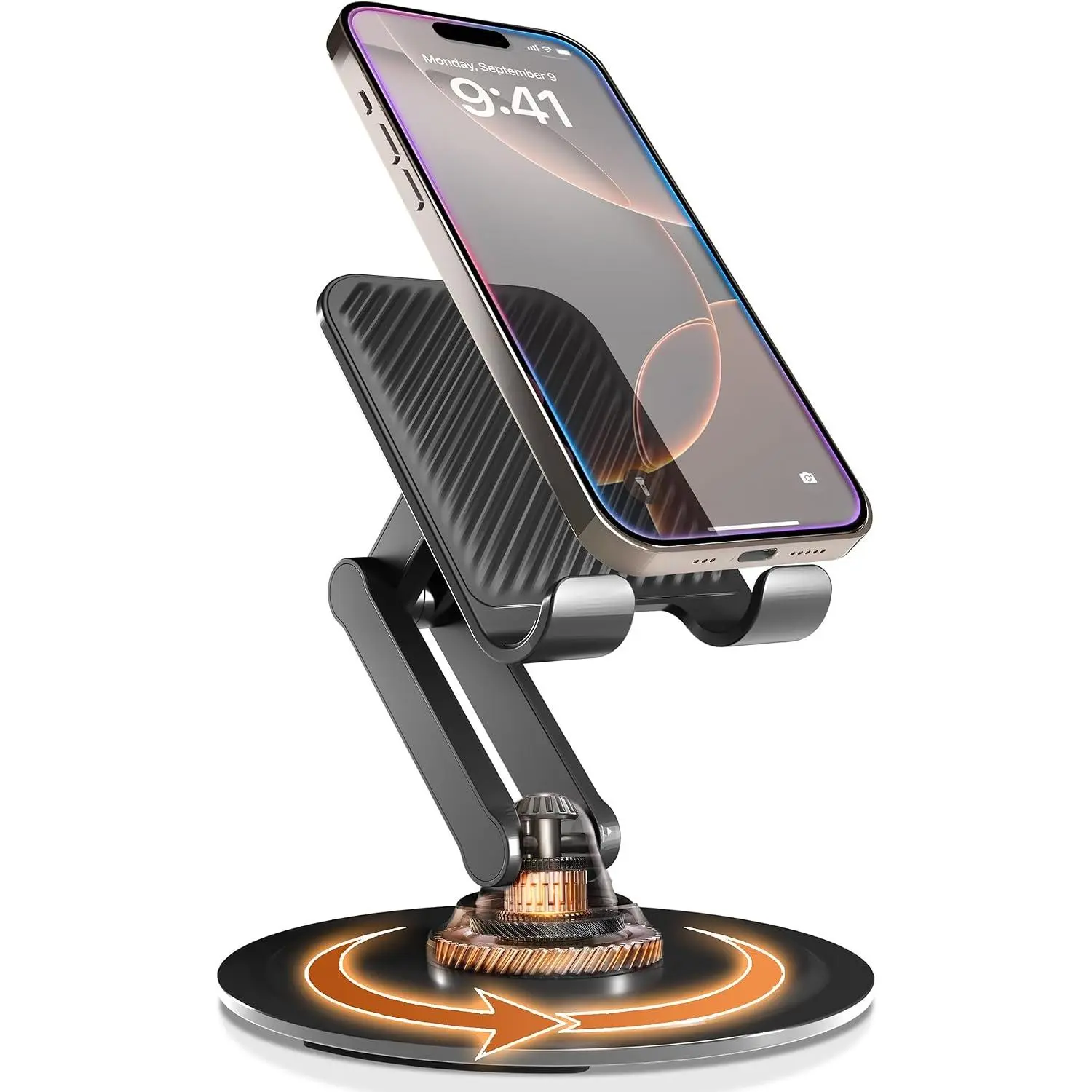 360° Stand, Rotating Cell Phone Stand for Desk | Sturdy Metal Base, Foldable, Portable | Cell Phone Holder for Desk (Piano Black) | 360° Click Rotating, Adjustable, Foldable, Portable, Metal Base, Cell Phone Holder for Desk; Fits  , Android Phones