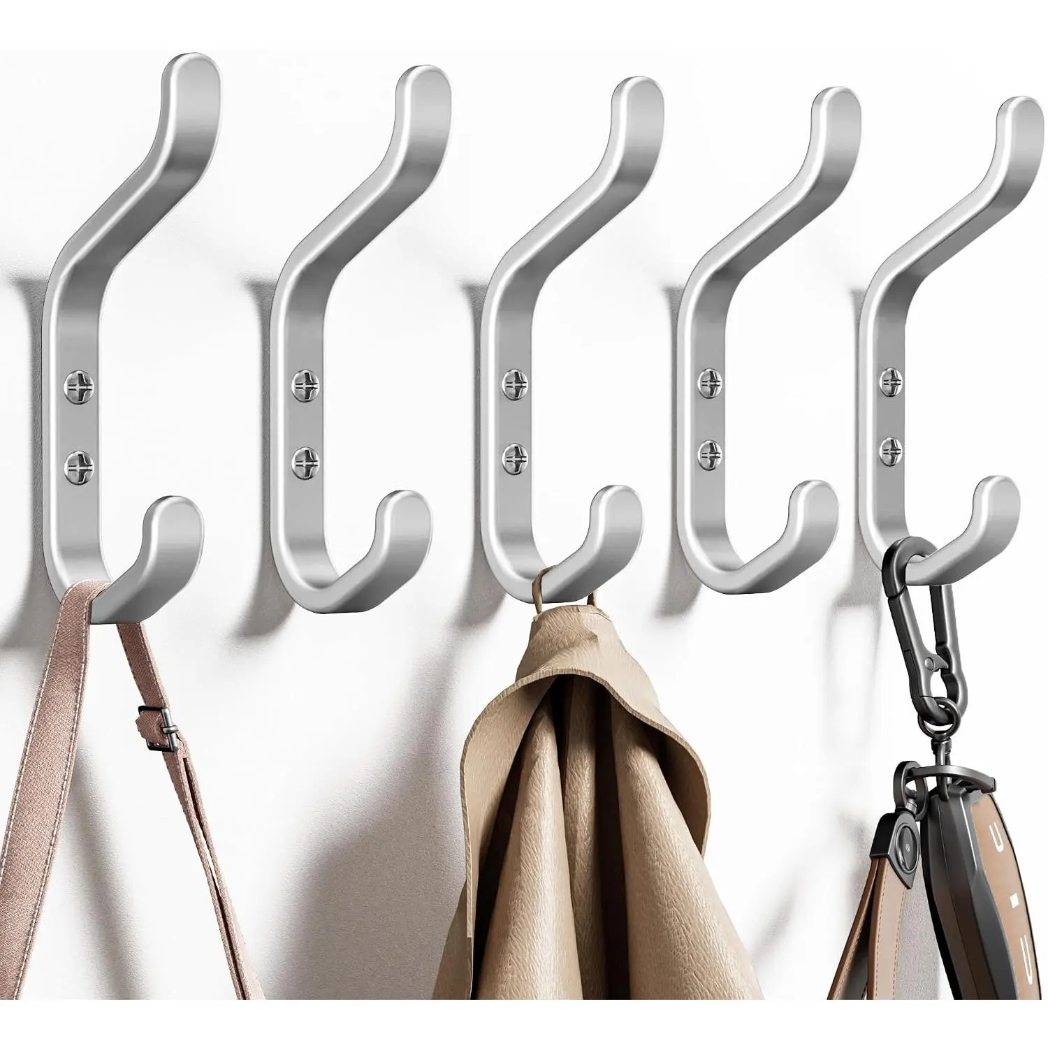 Wall Hook for  Coats -  Coat Hook 5 Pack Wall Mount for Backpack, Bag,  and Towel, Double Hook in Closet, Entryway, Door, Bathroom and , Hold Up to 22Lbs.