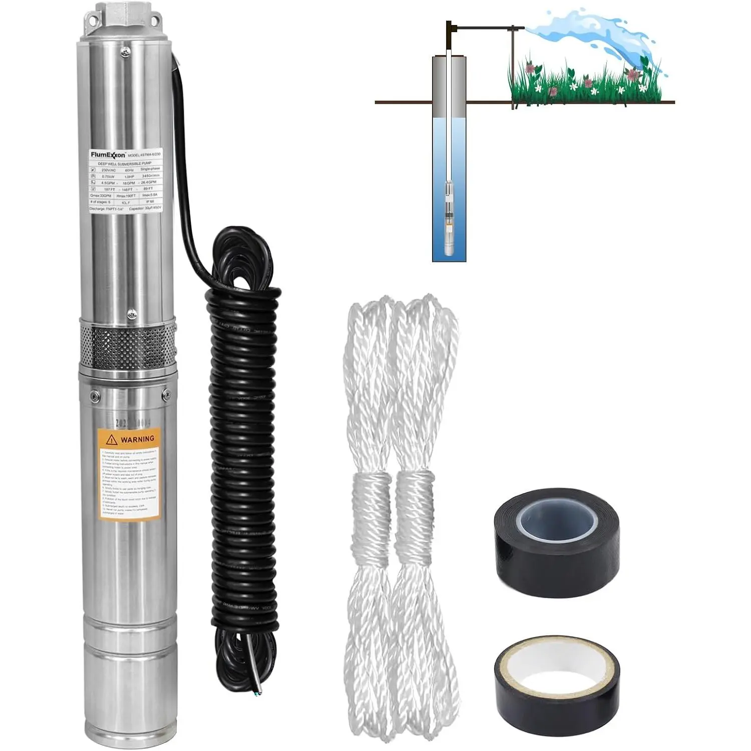 1HP Deep Well Submersible Pump 230V/60Hz, 33GPM, 190ft Head, with 33ft Cable, Stainless Steel Water Well Pump for 4'' Deep Well, Industrial, Irrigation and Home Use Submersible Well Pumps