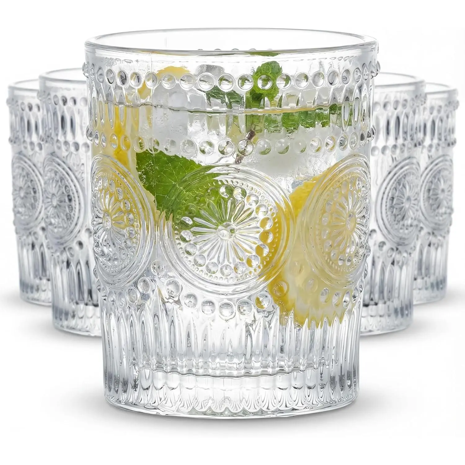 6 Pack SMALL 9 oz Drinking Glasses, Vintage Embossed Tumblers for Juice, Cocktails, Iced Tea