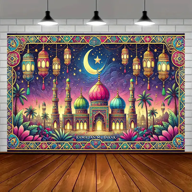 Premium Polyester Ramadan Mubarak Photo Backdrop - Lightweight, Printed Home Decor Tapestry for Islamic Eid Celebrations, Family Gatherings, Indoor/Outdoor Event Decor, Print