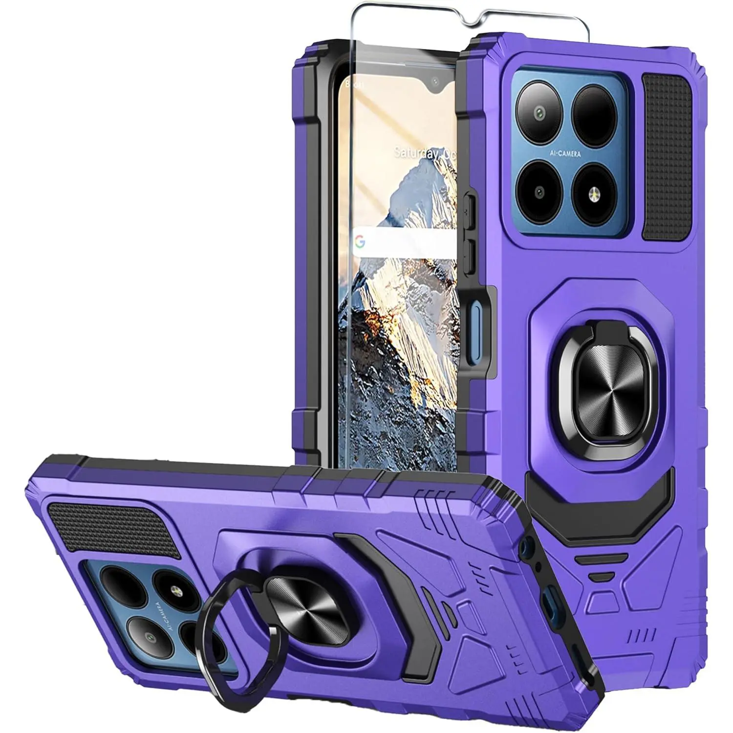 Military Grade Heavy Duty Shockproof Casing for Boost Summit 5G Smartphone, Handheld Cellphone Devices, with Tempered Glass Screen Protector, Ring Kickstand (Purple)