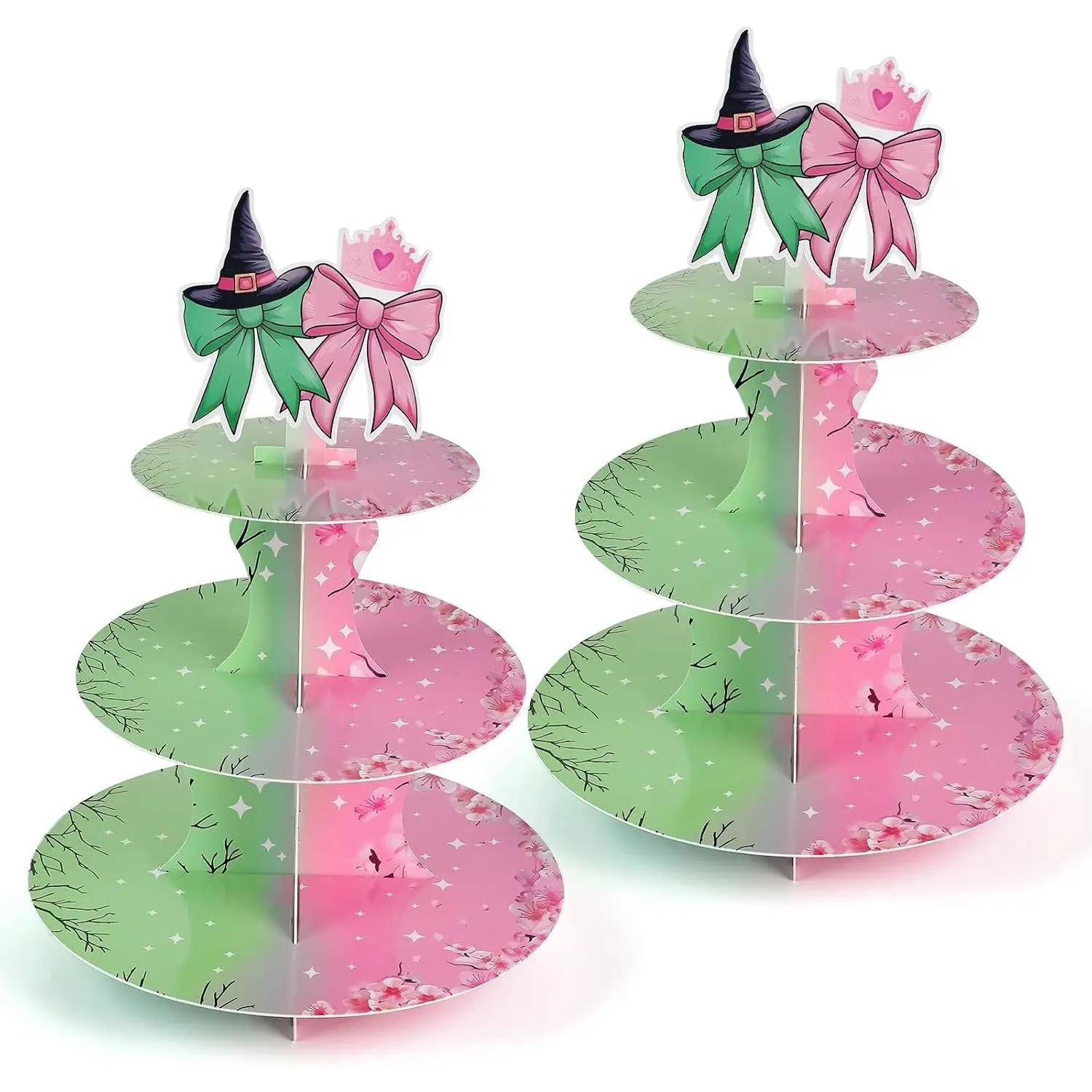 2 Pack Pink and Green Cupcake Stands Witch Themed Birthday Party Supplies,3 Tier Halloween Cardboard Cupcake Holder Tower for Wicked Party,Birthday, Baby Shower