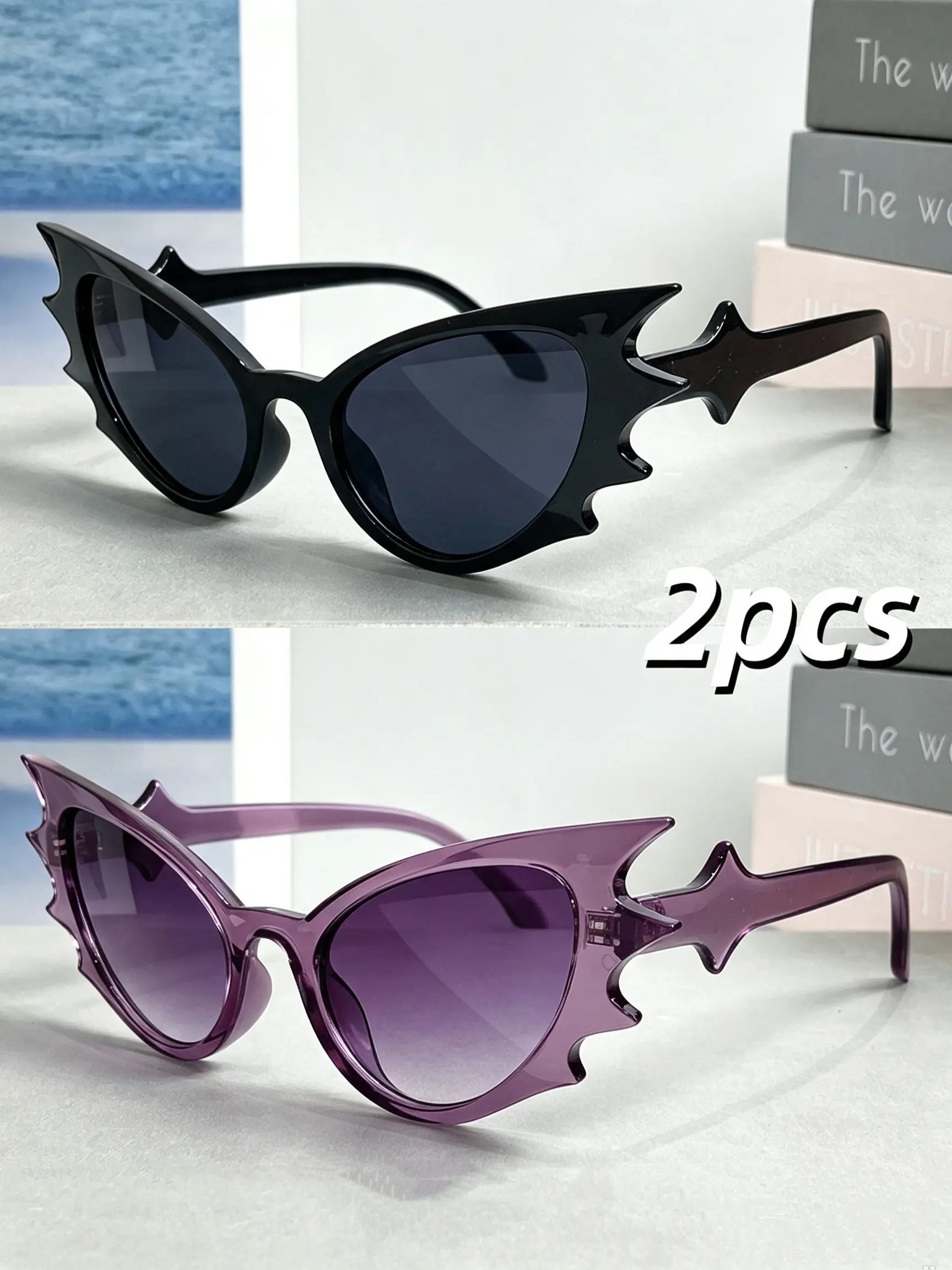 2pcs Y2K Bat Wing Cat Eye Sunglasses, Women's Fashion Party Glasses, Halloween Cosplay Accessory, Trendy Eyewear for Ladies