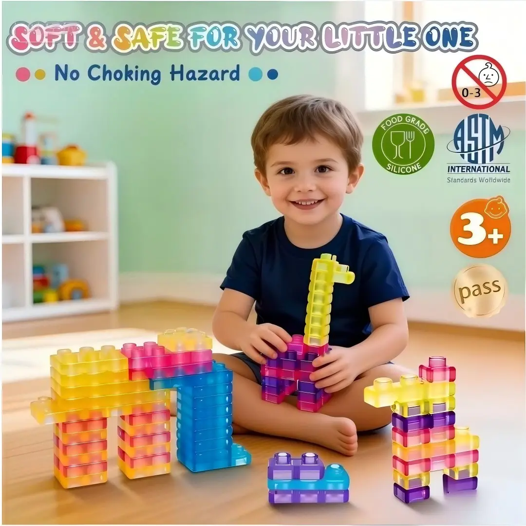 Jelly Blocks Building Set 40PCS – Squishy Sensory Stacking Blocks, Soft Stretchy Construction Toy for Toddlers Ages 2+, Non-Toxic Tactile Learning Toy, STEM Montessori Creative Building Blocks, Educational Gift for Kids, Stress Relief Fidget Toy
