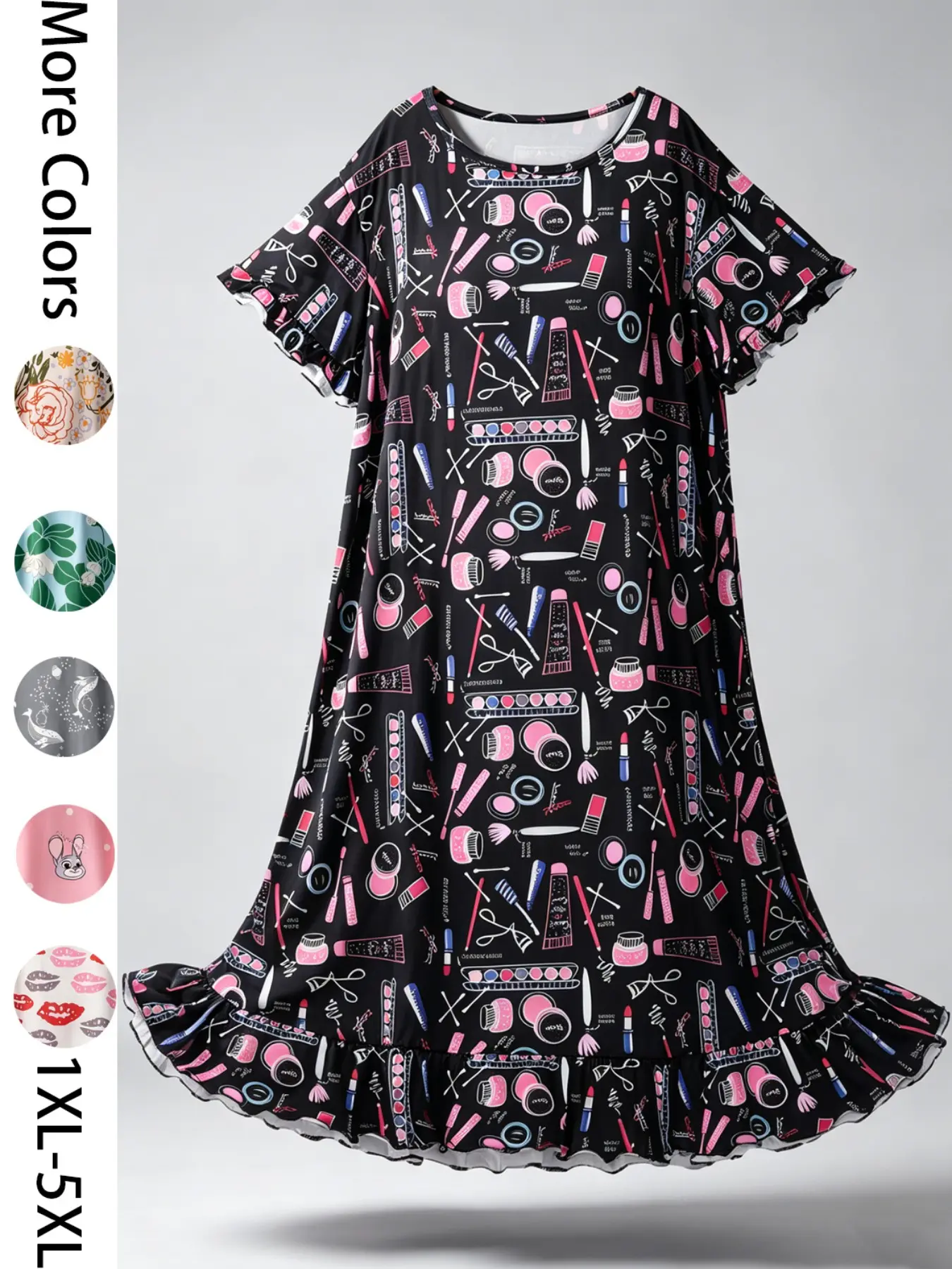 Women's Plus Size Short Sleeve Nightdress, Loose Fit All-Over Print, Casual Comfortable Summer Sleepwear, Perfect for Outdoor Activities