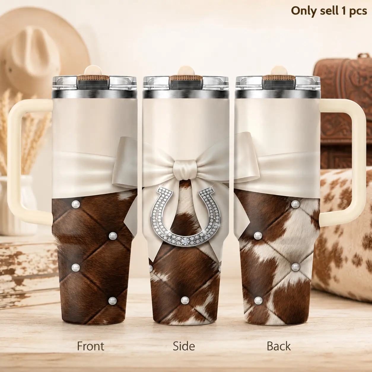 Western Cowhide Cowgirl 40oz Tumbler – Rustic Rodeo Stainless Steel Insulated Travel Cup with Handle & Straw Lid for Coffee, Water, Ranch Life, Office, Car, Trendy Country Girl Gift