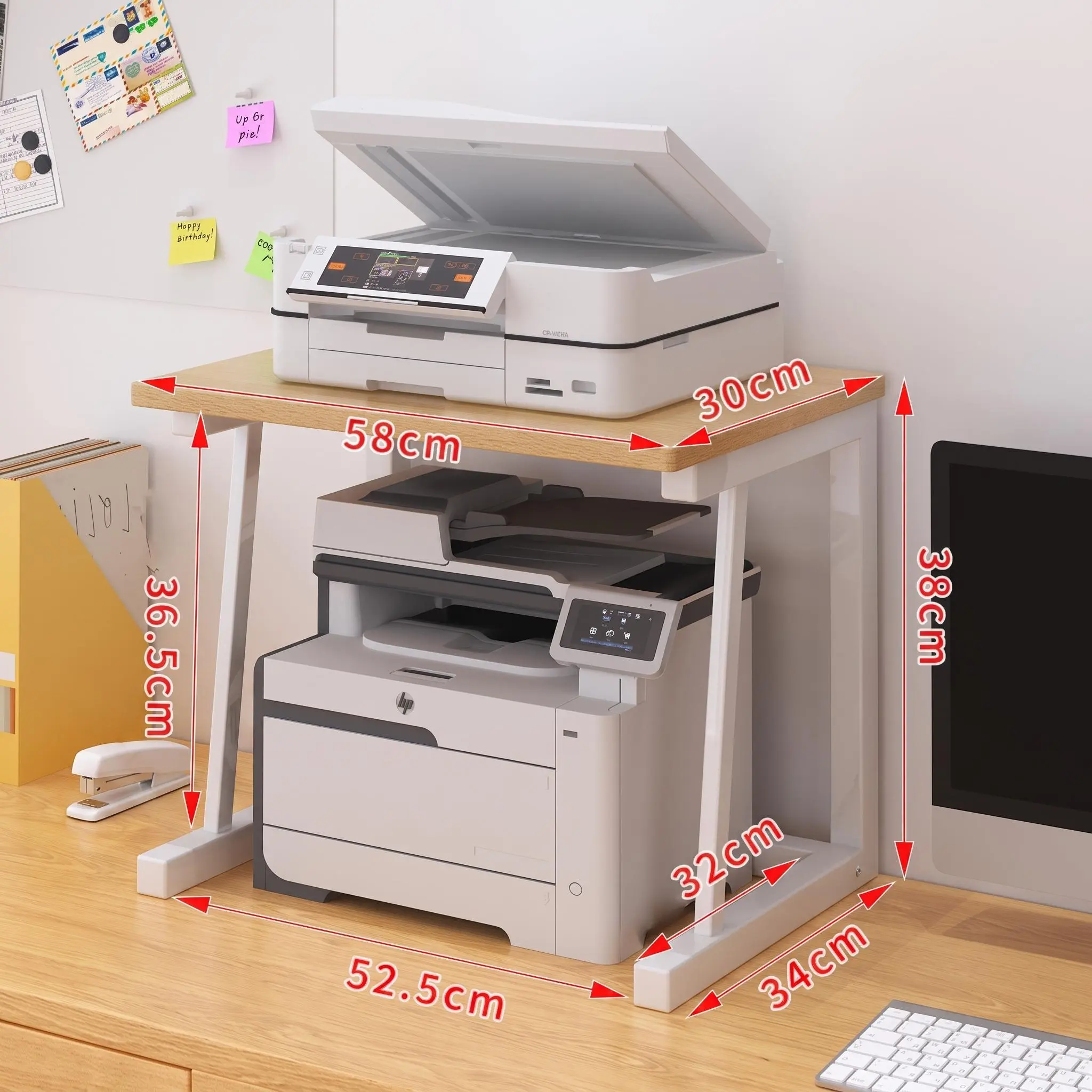 2-Tier Wooden Desktop Printer Storage Stand, Heavy Duty Space Saving Organizer Rack, Multi Purpose Shelf for Printer, Scanner, Fax, Books and Files, Ideal for Home Office Desk, 58x34x38cm