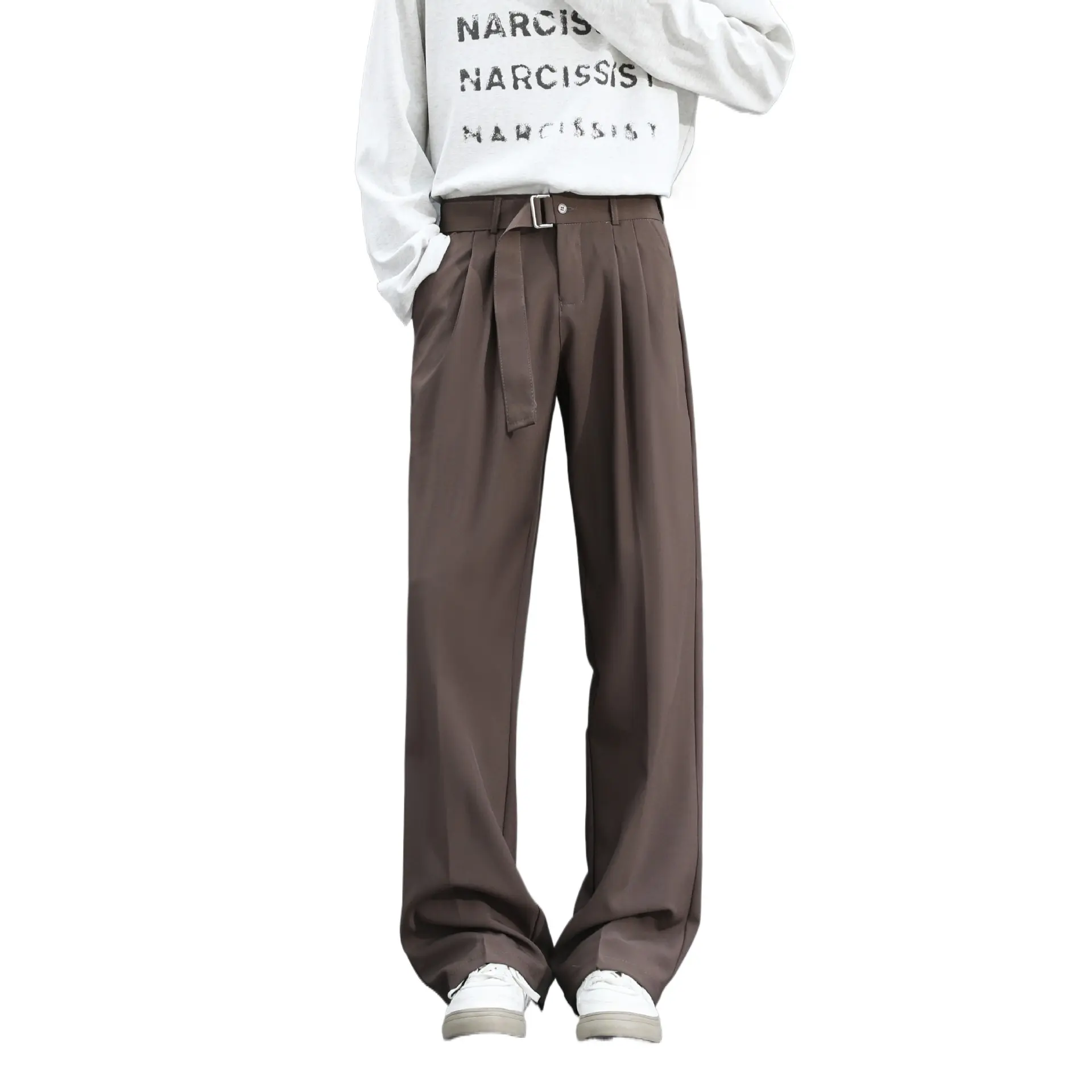 Japanese slack belt trousers anti-wrinkle drape double pleated straight men's retro casual business wide-leg trousers