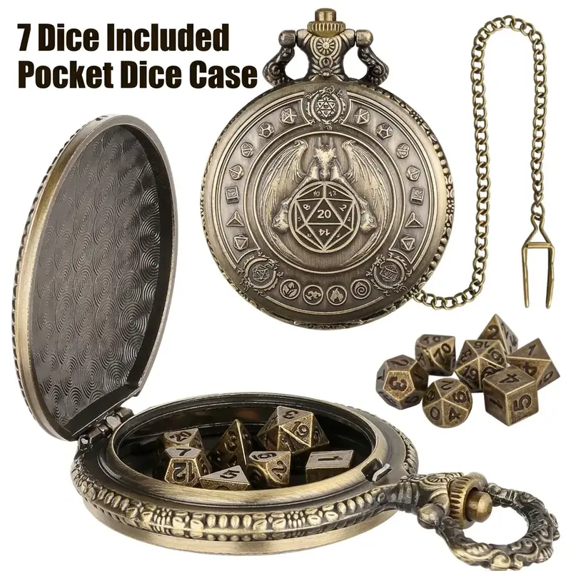 Vintage Dragon Wings Pattern Pocket Watch Case with Pendant Chain, Includes 7 Mini Size Metal Polyhedral Dice Indoor Entertainment Game Tabletop Role Play Gaming Accessories, Portable Dice Storage Case, Metal Dice Set