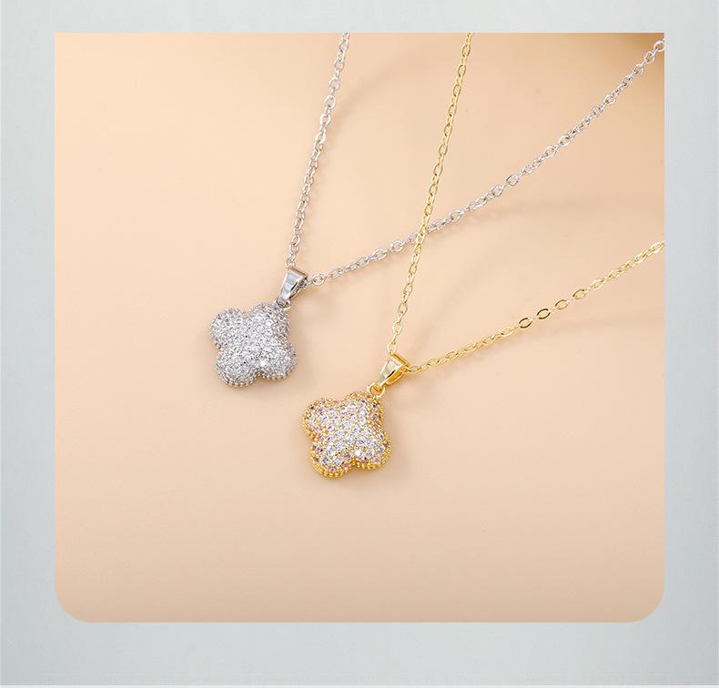 Shiny Pearl Copper Earrings and Necklace Set, Brushed Four-leaf Clover, Non-fading, Women's Light Luxury High-end Cross-border Jewelry