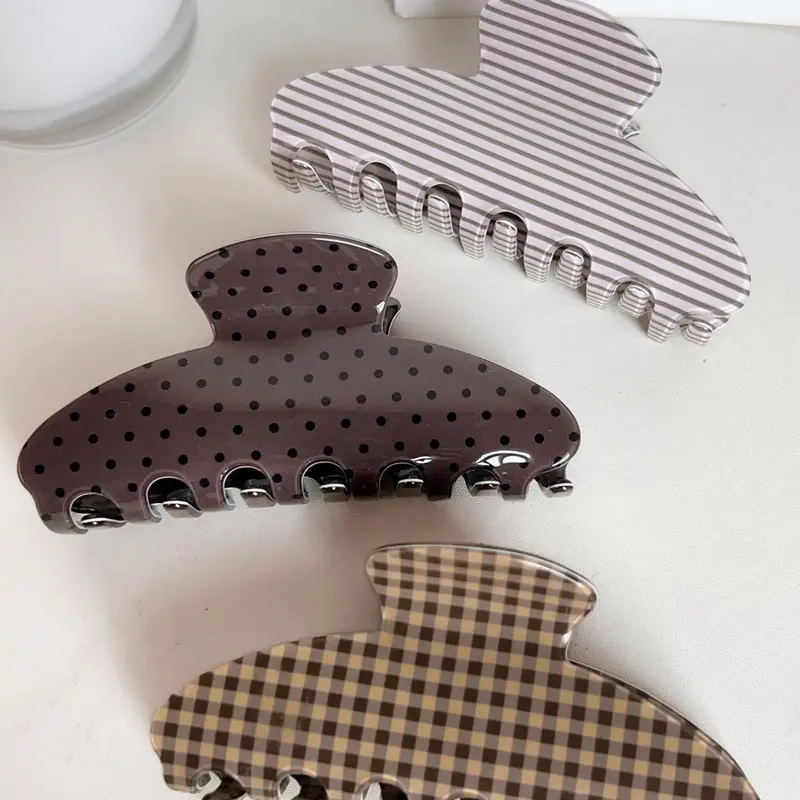 3Pcs/1pc Vintage Polka Dot Plaid Striped Claw Clip, Hair Claw Clip, Large High Grip Women's Thick Hair Claw Clip, Strong Grip Hair Accessory, For Women Girls Thick Hair Daily Styling, Cute Hair Accessories
