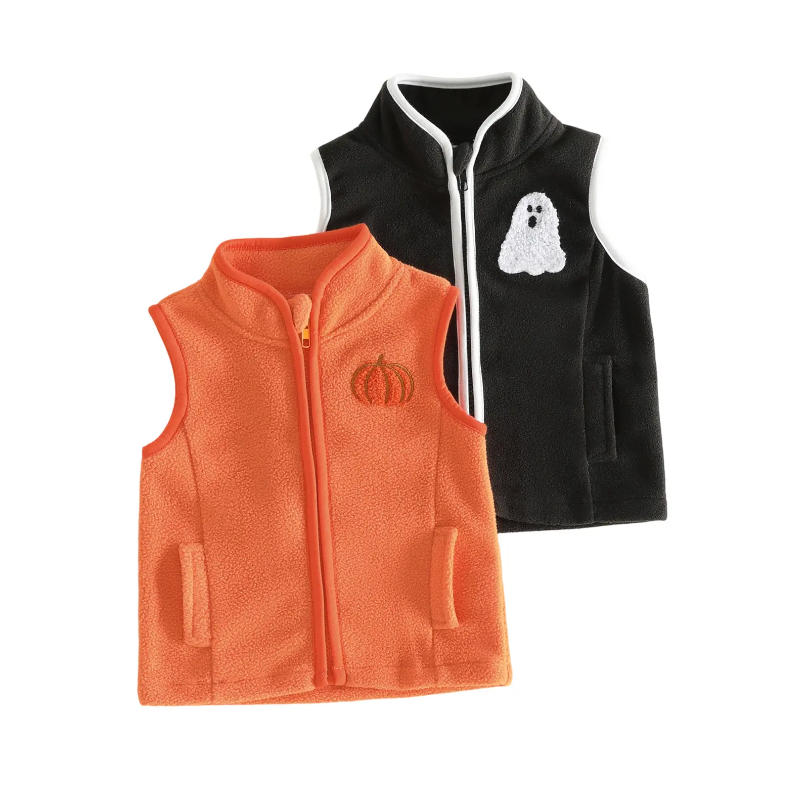 Canrulo Toddler Baby Little Boy Halloween Vest Jacket Stand Collar Pumpkin/Ghost Embroidery Zipper Fleece Fall Winter Outerwear 6M-4T