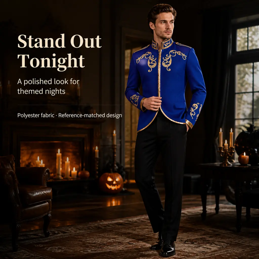Men's Royal Blue Gold Embroidery Victorian Jacket - Stand Collar European Royal Prince Short Coat, Medieval Noble Blazer for Halloween Cosplay, Themed Party