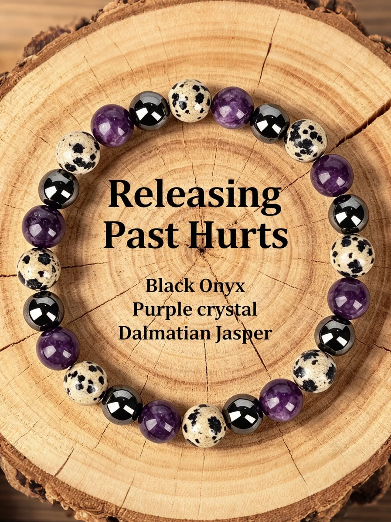 Releasing Past Hurts Emotional Healing Bracelet - Natural Dalmatian Jasper, Black Onyx & Purple Crystal Bead Bracelet