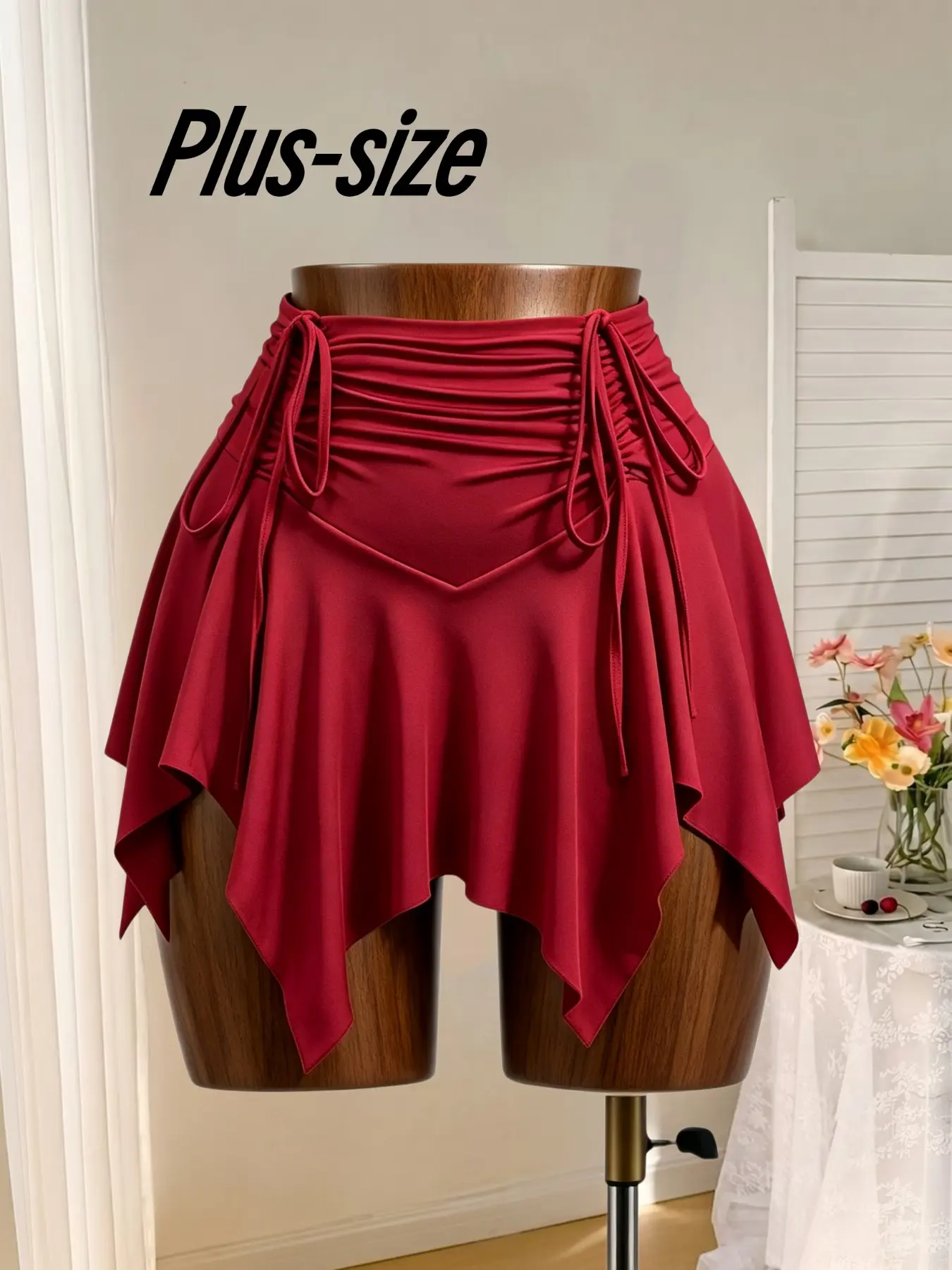 High-Waisted Adjustable Drawstring Skirt, Lightweight Skirt, Bottom, A-Line Flounce Design, Asymmetrical Hem, Flowy and Elegant, Casual Single Piece Dress