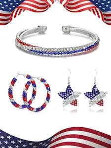 250th US Independence Day Patriotic Jewelry Set: Red White Blue full-rhinestone open cuff bracelet + flag hoop earrings + star drop earrings. Sparkly crystal American flag accessories for women, perfect 4th of July party & holiday gift.