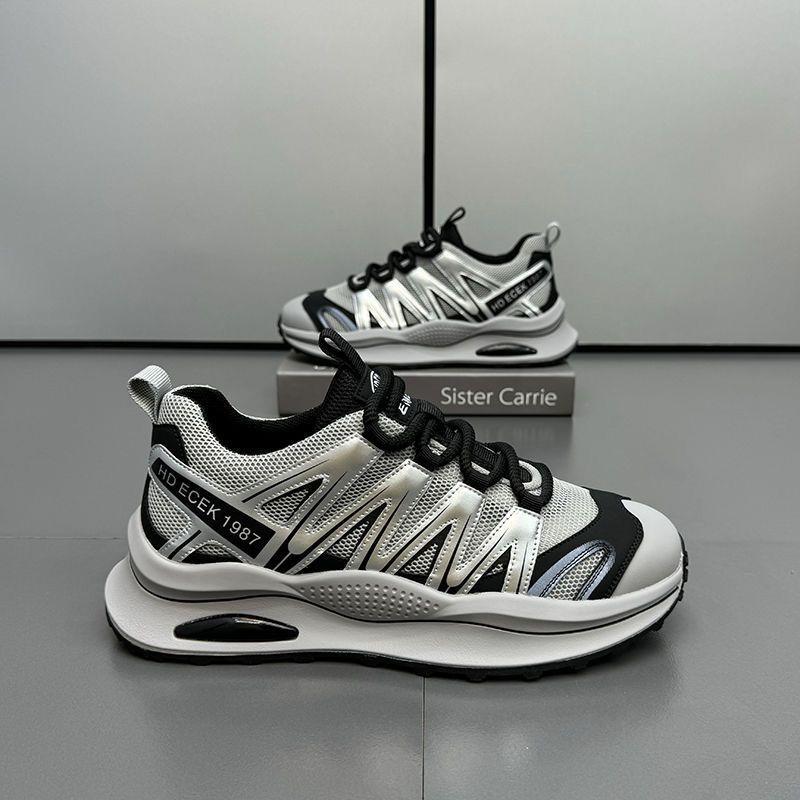 Men's thick-soled sneakers, height-enhancing, comfortable, lightweight, trendy shoes, color-blocked, low-top, lace-up, mesh, breathable men's shoes
