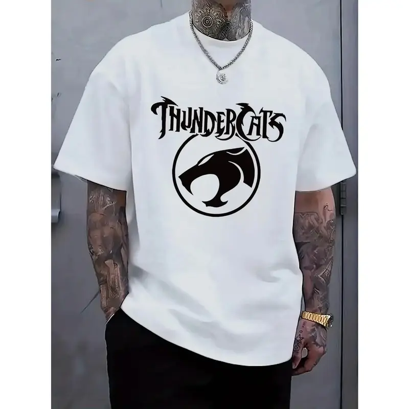 Men's Black Cotton Classic Retro ThunderCats Graphic Print Short-Sleeve Crew Neck T-Shirt - Menswear, Vintage, Ribbed Loose Regular Fit, Soft Breathable Stretchy Natural Fabric, Cold Wash Safe, Casual Streetwear, Roaring Cat Design, Perfect for Day Wear