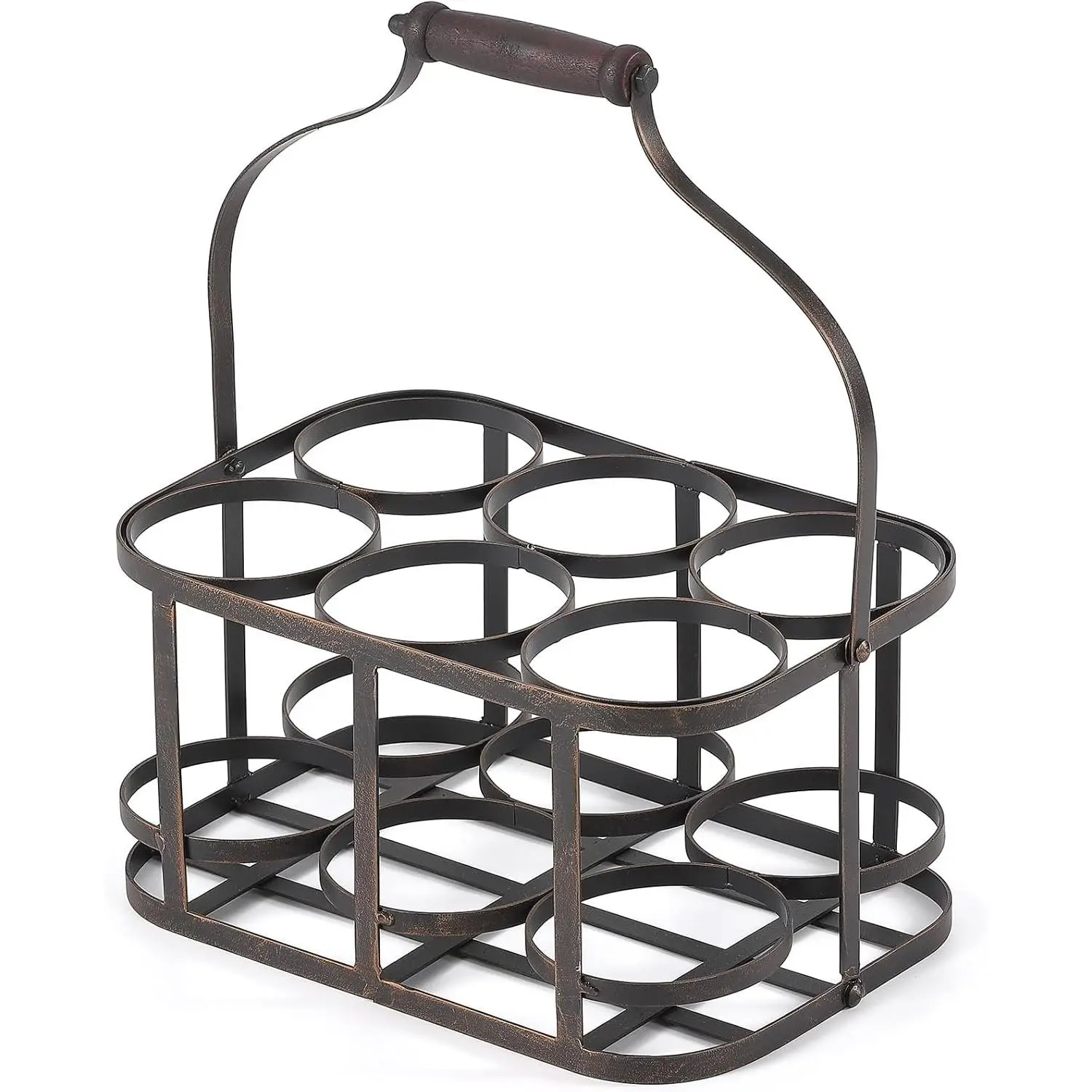 Metal Wine Bottle Carrier, Wine Basket Wine Caddy Rack with Wood Handle | 6 Bottle Vintage Metal Wine Storage Basket Bottle Holder, Farmhouse Decorative Wine Display Stand for Bar BBQ Picnic Milk
