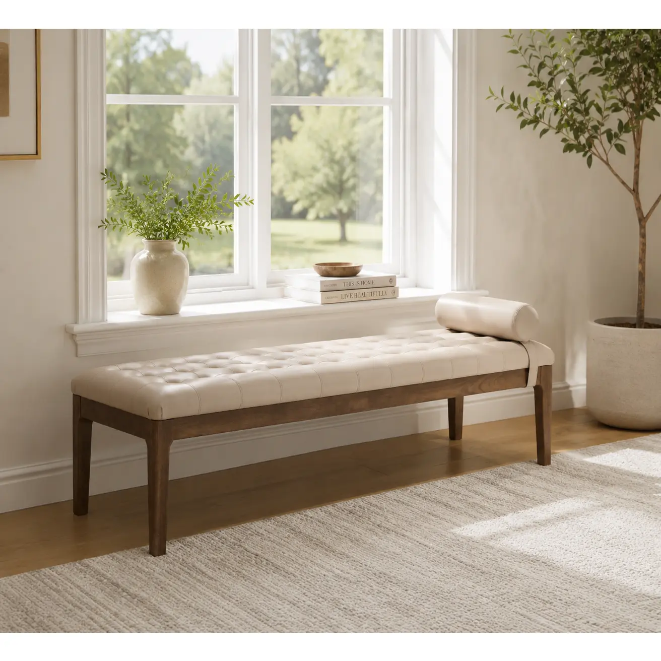 ARCH 66-Inch Upholstered End of Bed Bench with Headrest, Button Tufted Accent Window Bench, Dark Walnut Rubberwood Legs, Nano Leather Shoe Bench Footstool for Bedroom Living Room Hallway Entryway, Taupe Faux Leather, Single Box, taupe Color Options