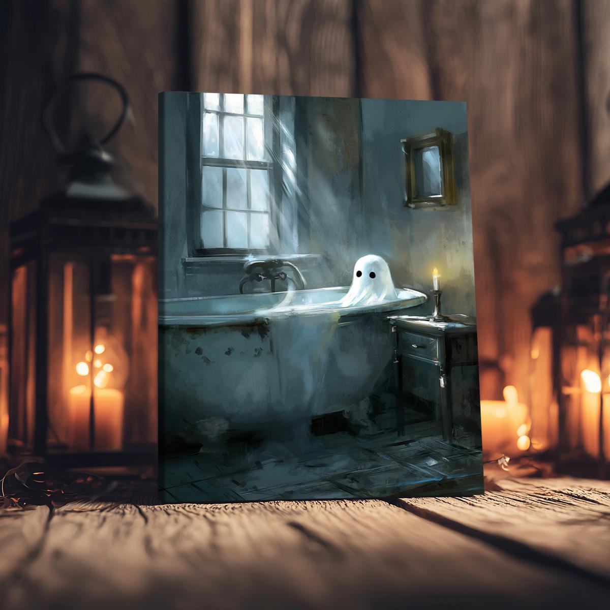 Ghost in The Bathtub Pattern Canvas Painting Framed, 1 Count Halloween Themed Modern Wall Art Painting, Wall Art Decor for Home Living Room Bedroom Office