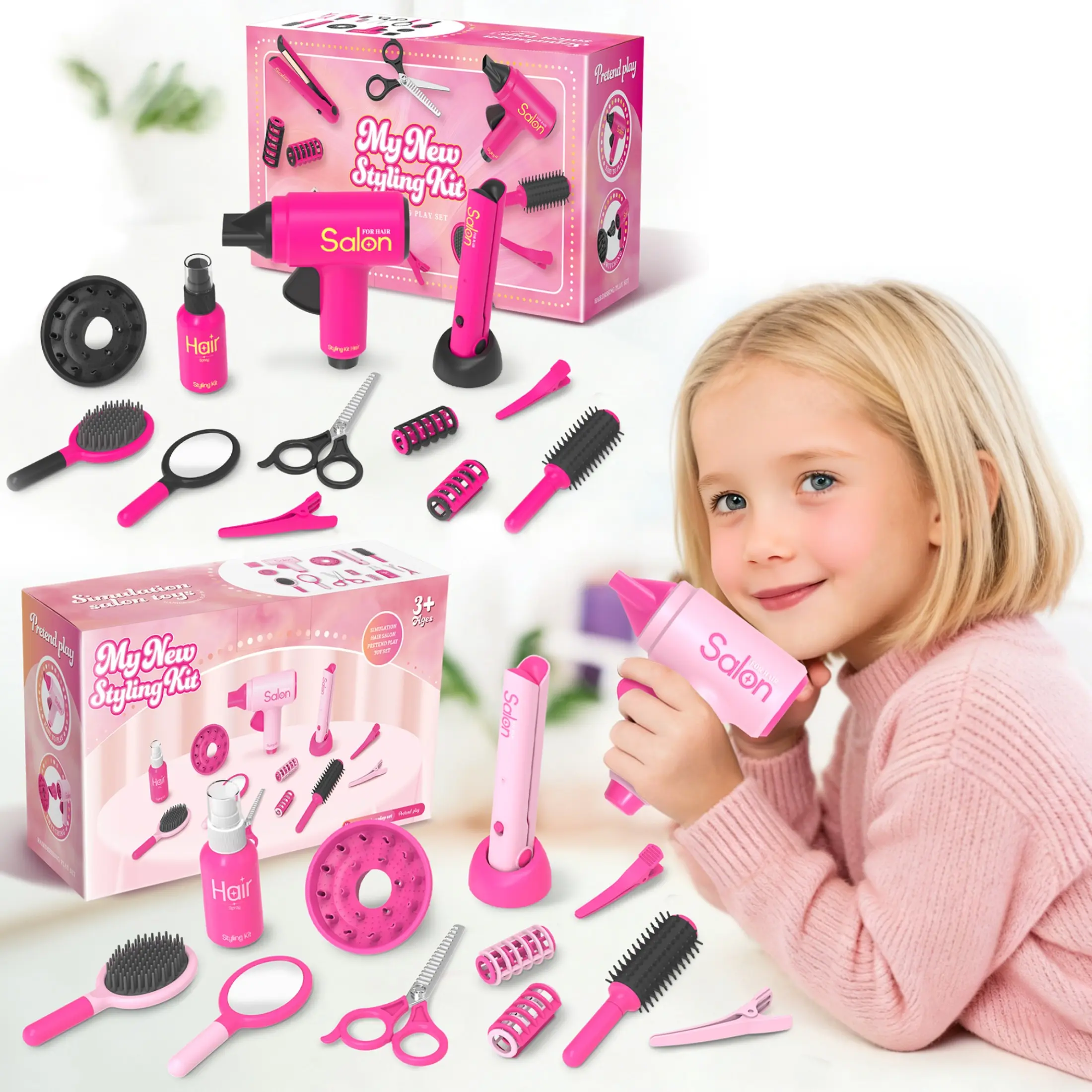 Hair Styling Toy Set, Pretend Play, Includes Blow Dryer, Clips, Spray Bottle, Straightener, Perfect Gift for Kids Aged 3+, Fun and Educational