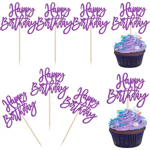 24 PCS Glitter Happy Birthday Cupcake Toppers - Purple Cupcake Picks for Celebrating Anniversary Theme Party Cake Decorations