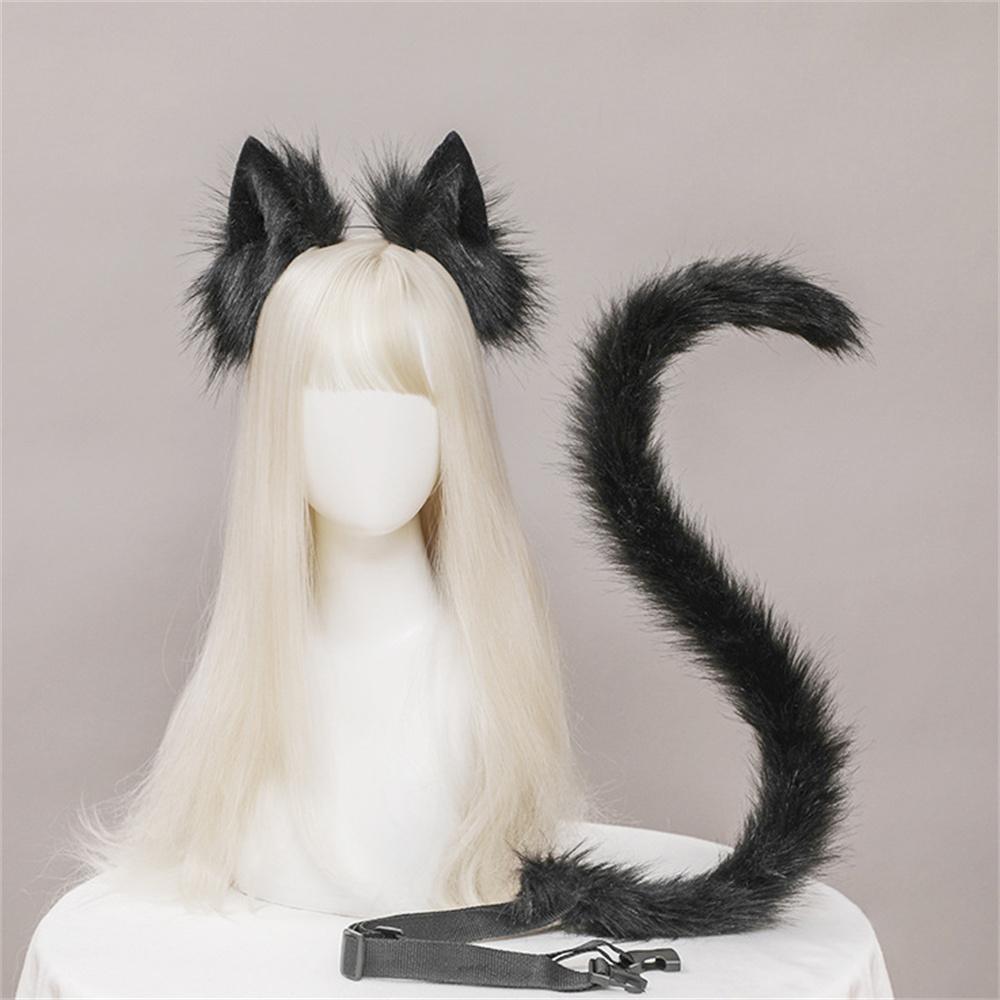 2Pcs/set Plush Cat Ears Tail Set Realistic Lolita Headband Cat Tail  Props Hand-made Simulation Animal Ears