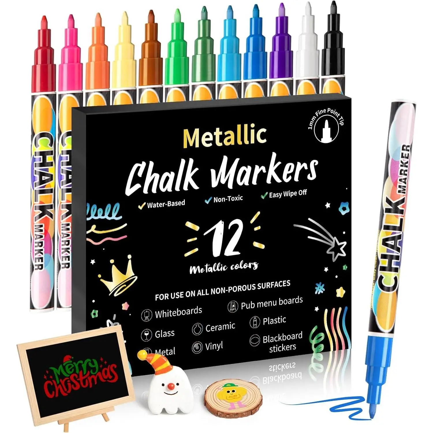 Extra Fine Tip Chalk Markers for Chalkboards (Pack of 12, 1mm Tip) | Liquid Chalk Pens for Glass&Window, Erasable Dry Erase Markers  and Drawing for Blackboards, Bistro, , Wedding Signs