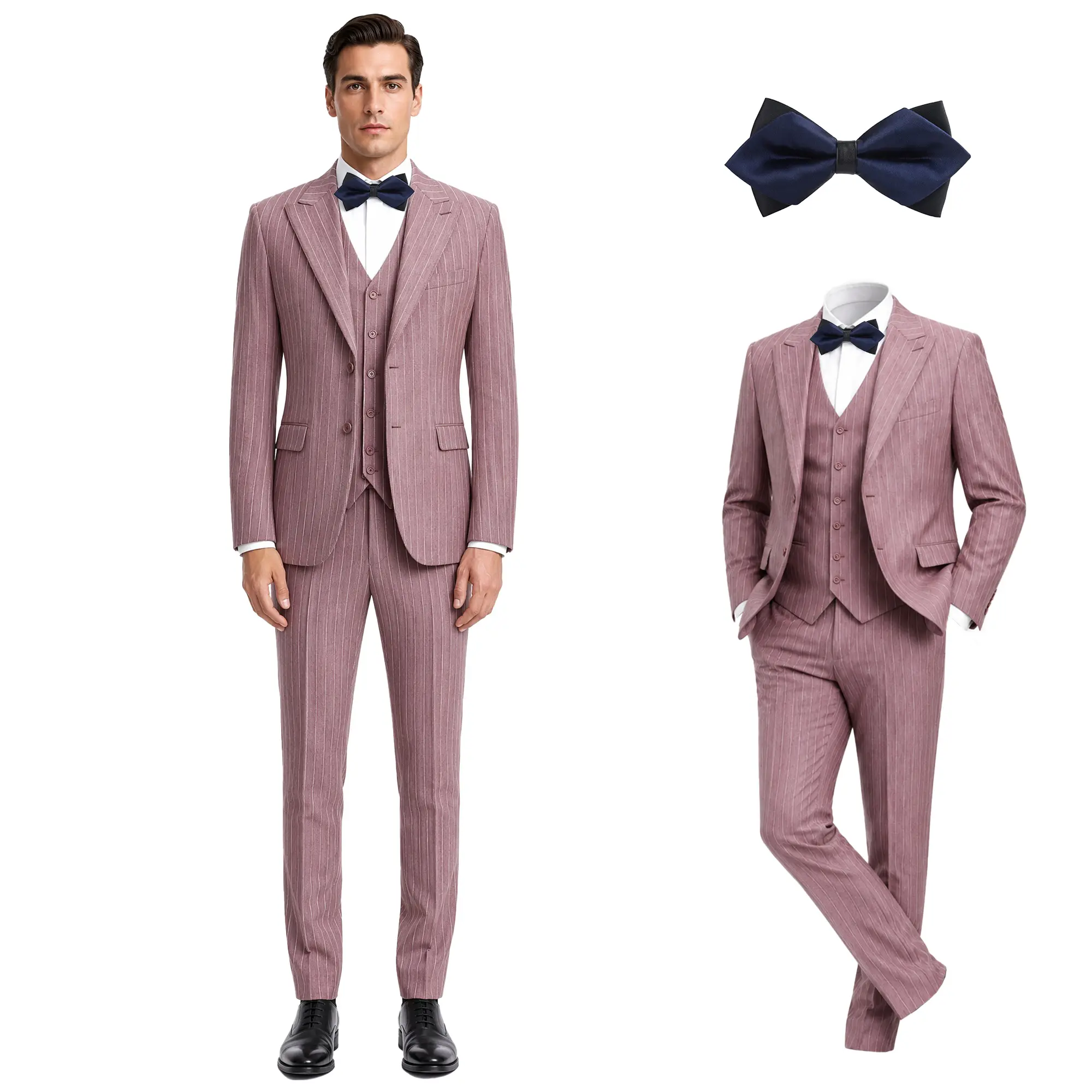 Men's 4-Piece Striped Regular Fit Polyester Blend Suit Set - Formal Menswear, Long Sleeve Workwear for Weddings & Business, Includes Blazer, Vest, Pants & Shirt
