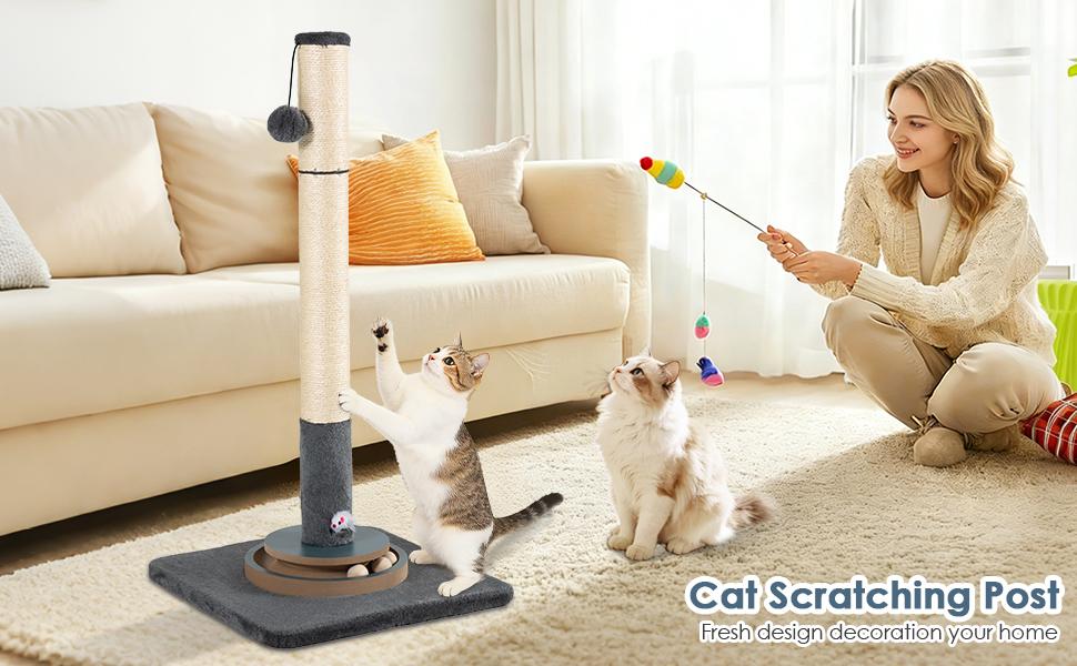 31.5" Tall Cat Scratching Post, Natural Sisal Scratcher with Large Plush Base & Interactive Toys for All Cats,Grey