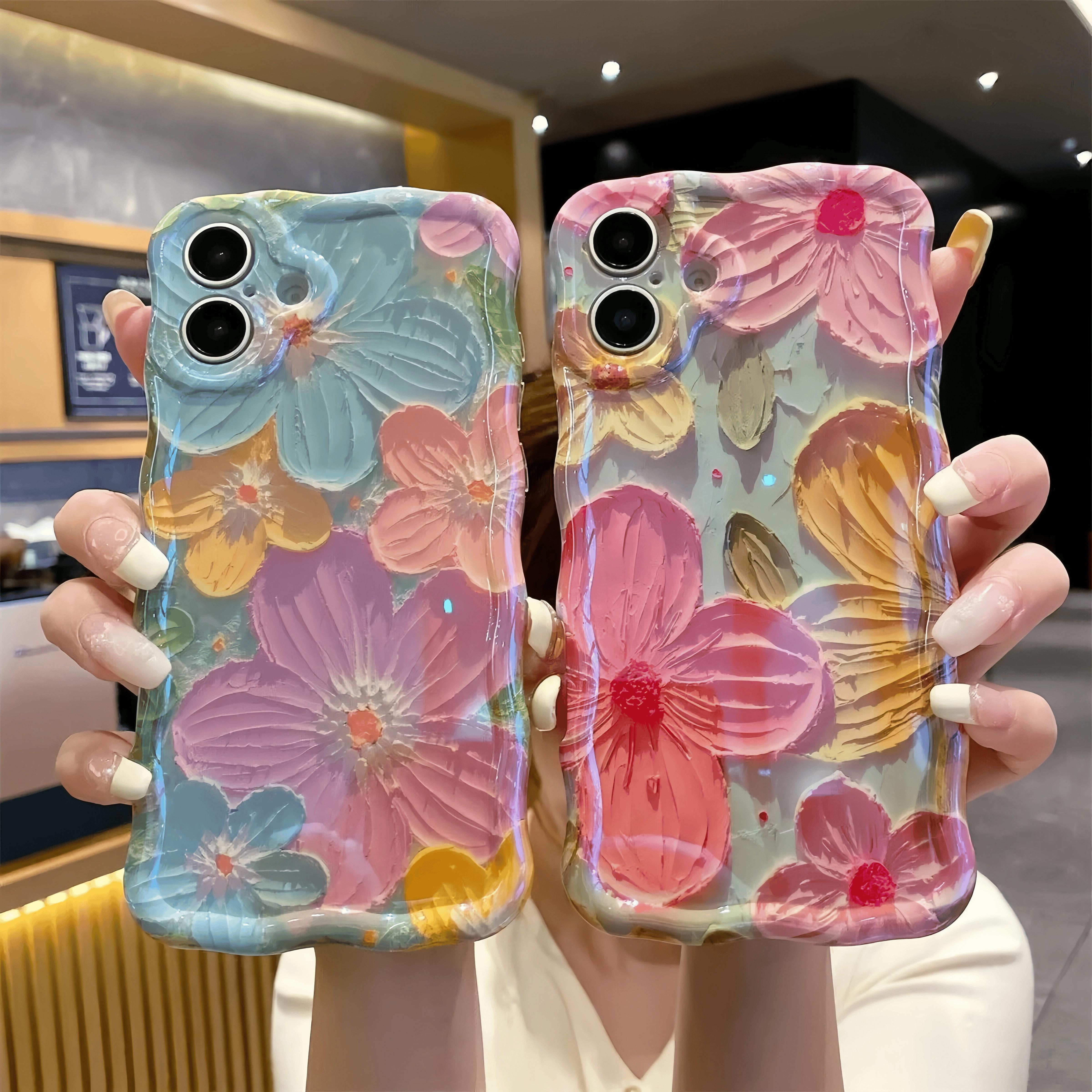 Flower Case for iPhone 17 16 15 14 13 12 11 Pro Max Plus Air Soft TPU Retro Oil Painting Girly Phone Cover with Sparkly Floral Design Orange White Magnetic Ultra-Thin Protective Case for Women and Girls beautiful
