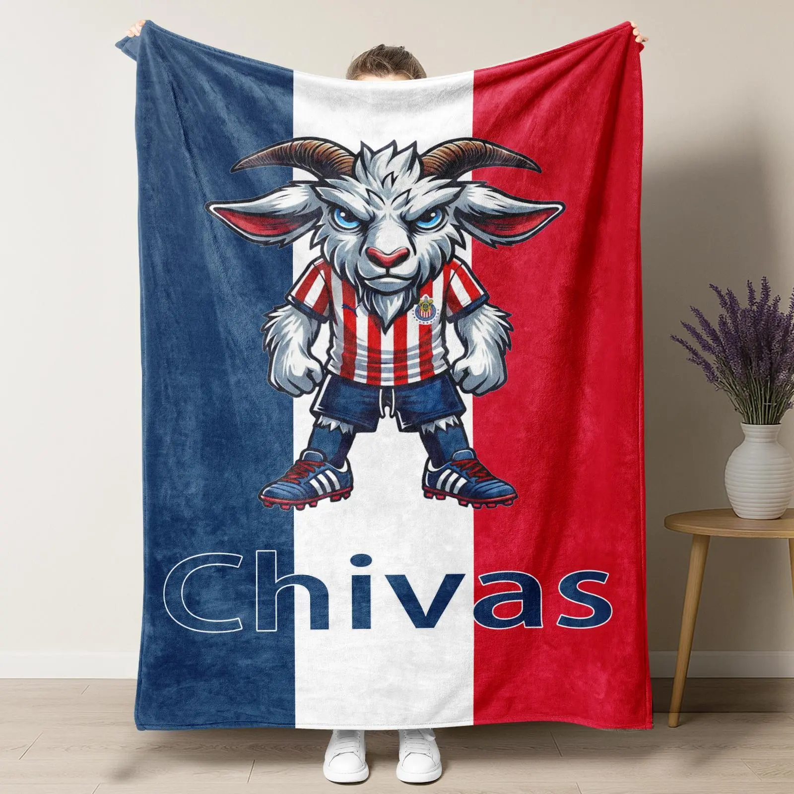 UVVUVV Chivas GOAT Mascot Sports Logo Blanket - 40 – 56 In Large Size, Durable Soft Touch, Smooth Texture, Bold Cartoon Goat in Striped Jersey, Red White Blue Background, All Seasons Indoor/Outdoor Decor for Soccer Fans, Ideal for Watch Parties, Watch Par