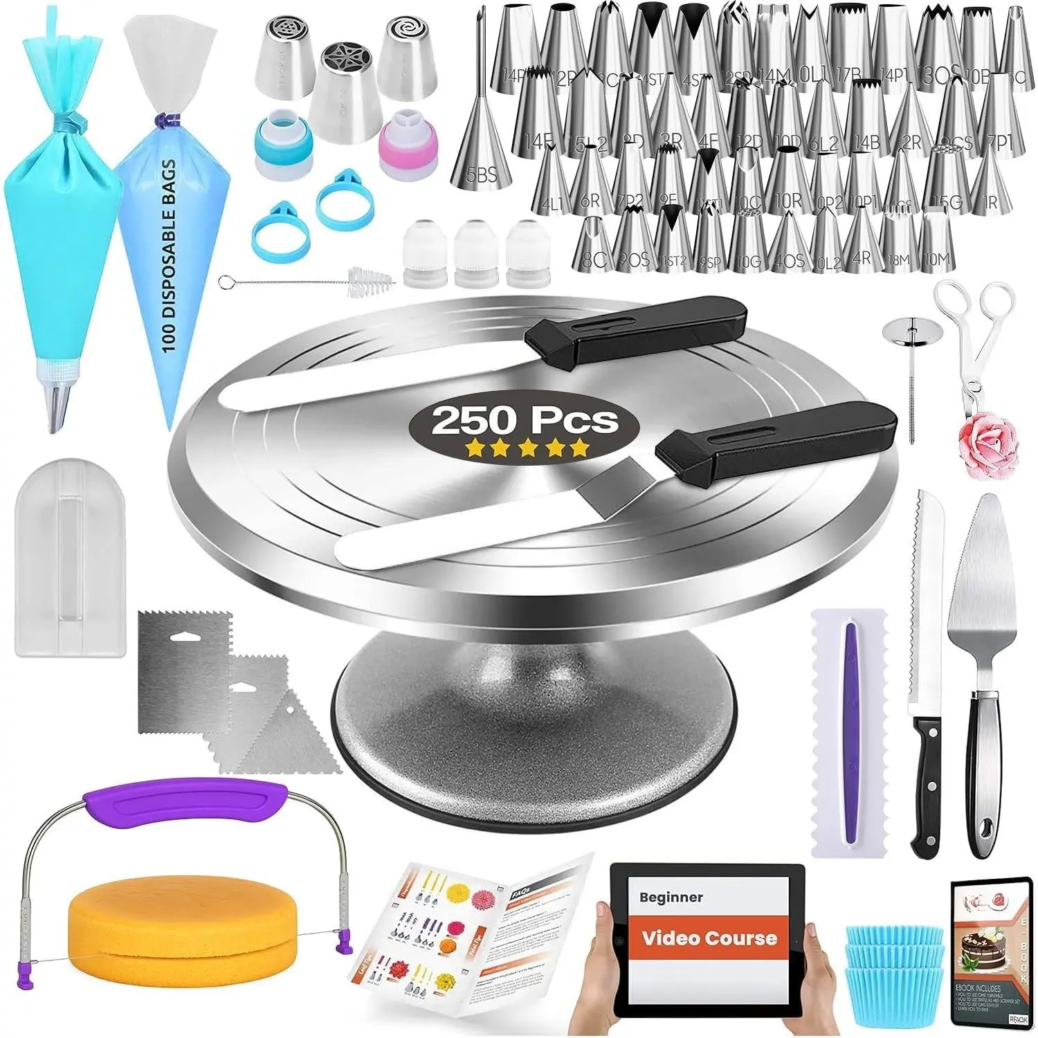 250 count  Cake Decorating Tools Kit with 12" Metal Turntable &  set-48 Numbered Icing Tips-3 Russian Piping Nozzles-Straight & Angled Spatula-Cake Leveler& Baking Supplies Tools
