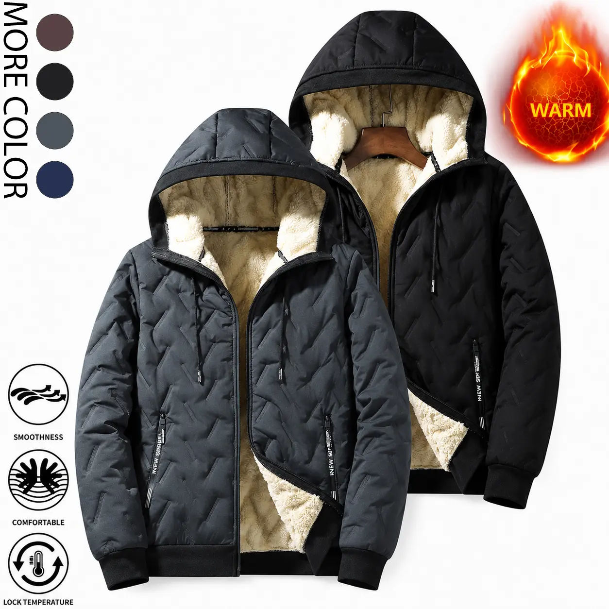 Men's Korean Casual Baggy Winter Jacket - Solid Color, Fleece-Lined Polyester, Hooded, Windproof for Outdoor Commuting, Woven, Hooded Protection, Long Sleeves Keep Arms Covered, Plain Style Keeps Outfits Clean, Windproof Coat