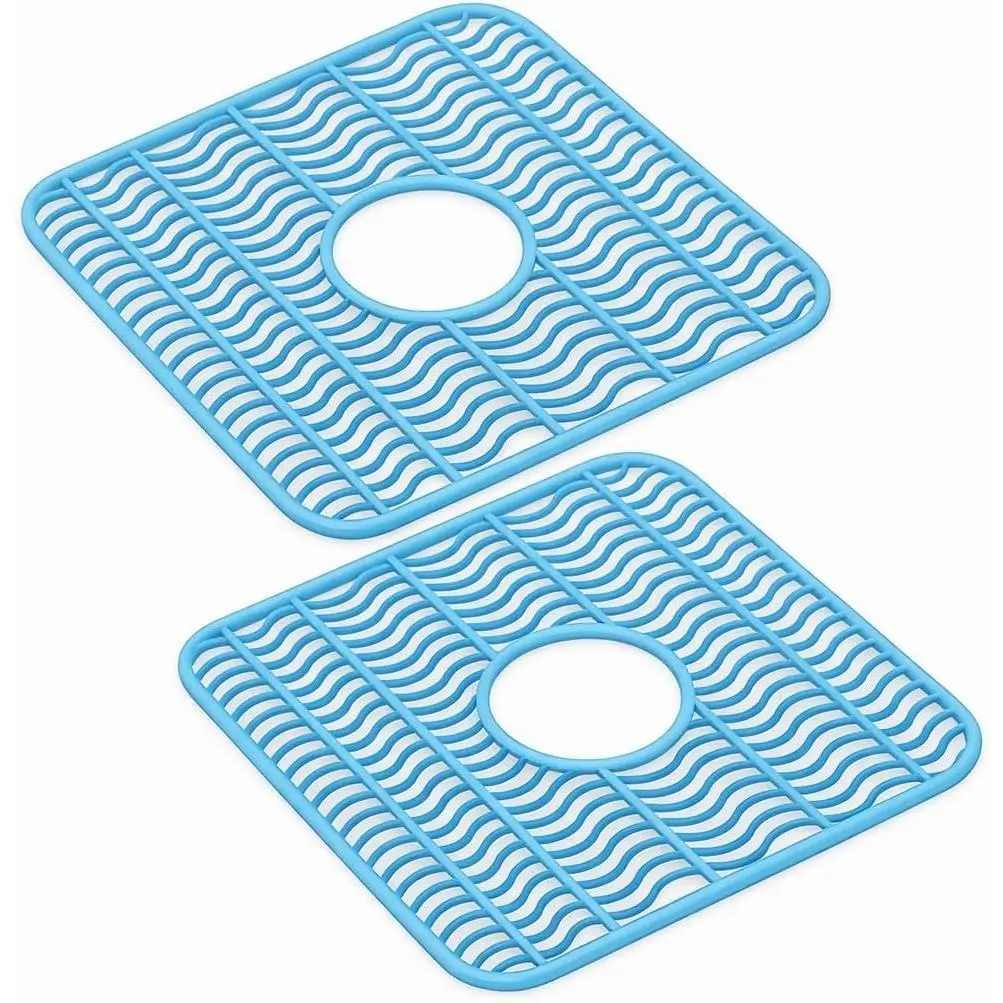 2 Pack Plastic Sink Protector Mat with Center Drain Cutout Protect Sink and Glasses and Dishes from  and Breaks 12" x 11" (Light Blue)