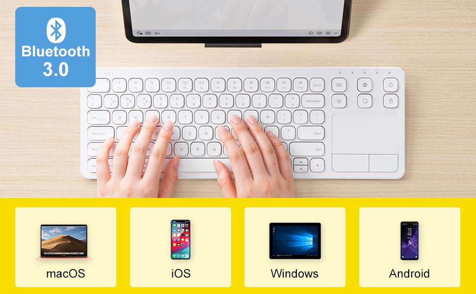 Multi-Device Bluetooth Keyboard With Touchpad, Rechargeable Keypad With Trackpad For Laptop, Desktop Computer, PC, iPad, iPhone, Tablet-Compatible With MacBook, Windows, Android, iOS, White