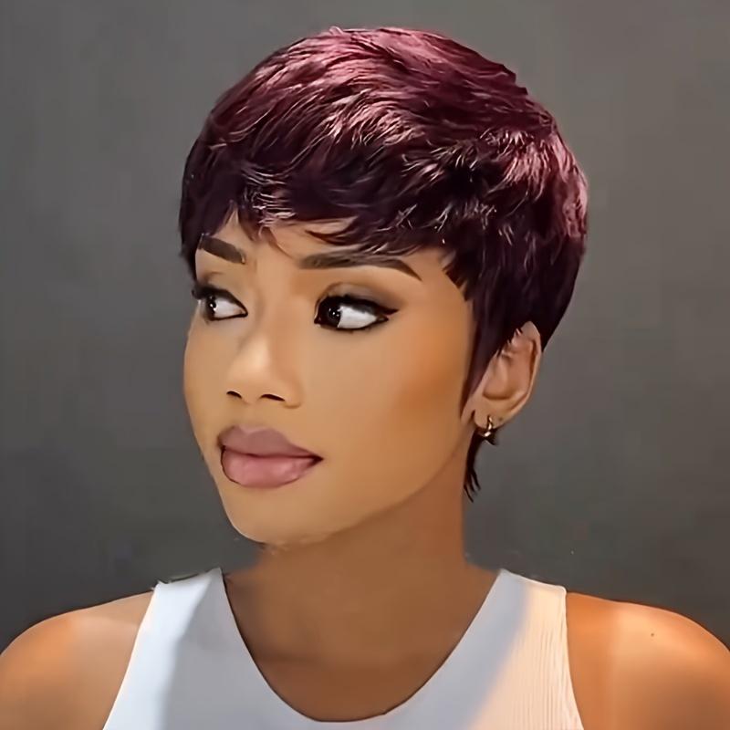 Chic 6-Inch Pixie Cut Wig with Bangs in Vibrant Red 99J Burgundy - 180% Density Brazilian Remy Human Hair, Perfect for Halloween & Cosplay, Layered Wigs, Comic Exhibitions