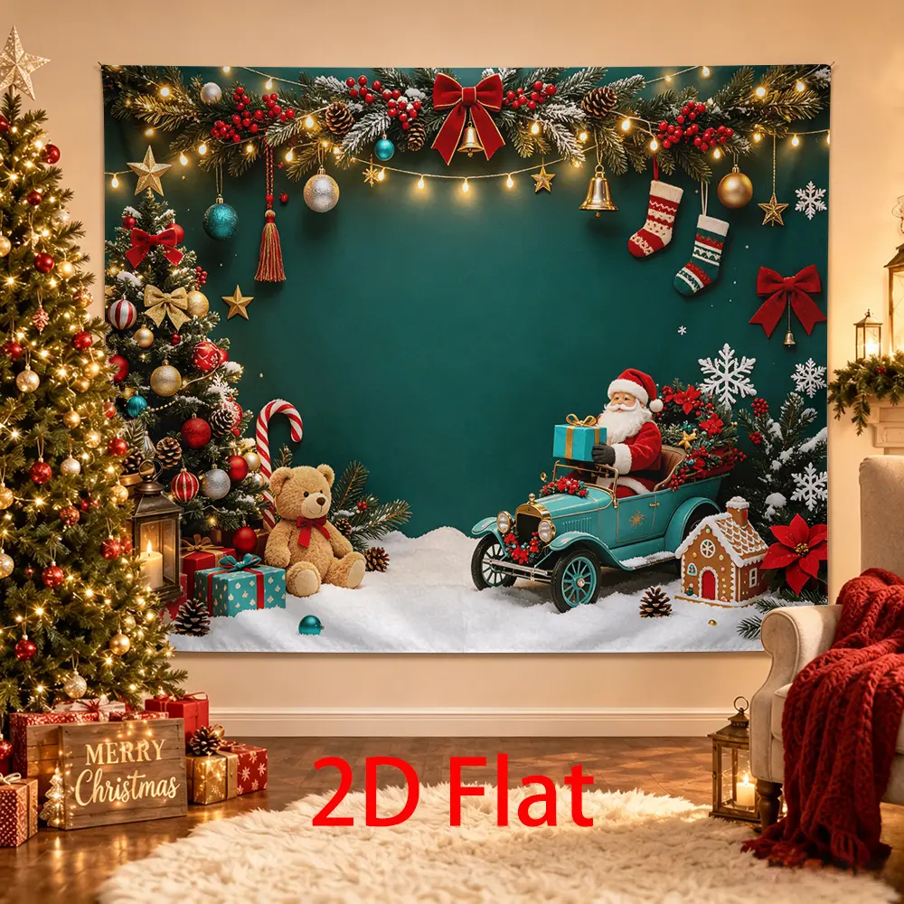 Christmas Santa Backdrop with Vintage Teal Car, Teddy Bear, Gingerbread House, Evergreen Garland, Gifts and Snowy Holiday Photo Background