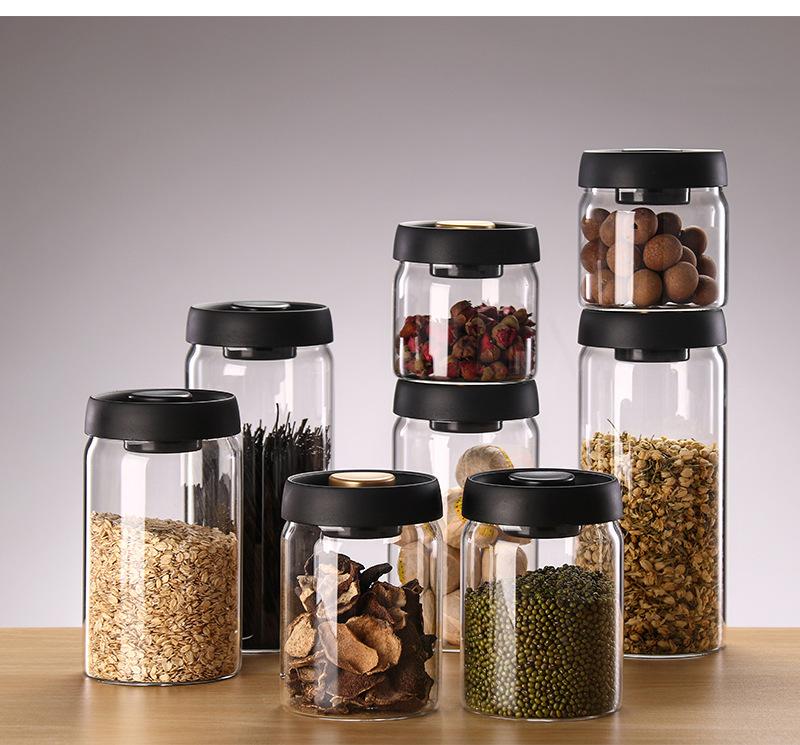 High Borosilicate Glass Sealed Jar 500Ml Black Gold Cap Kitchen Grain Candy Jar Press-Type Vacuum-Sealed Storage Jar
