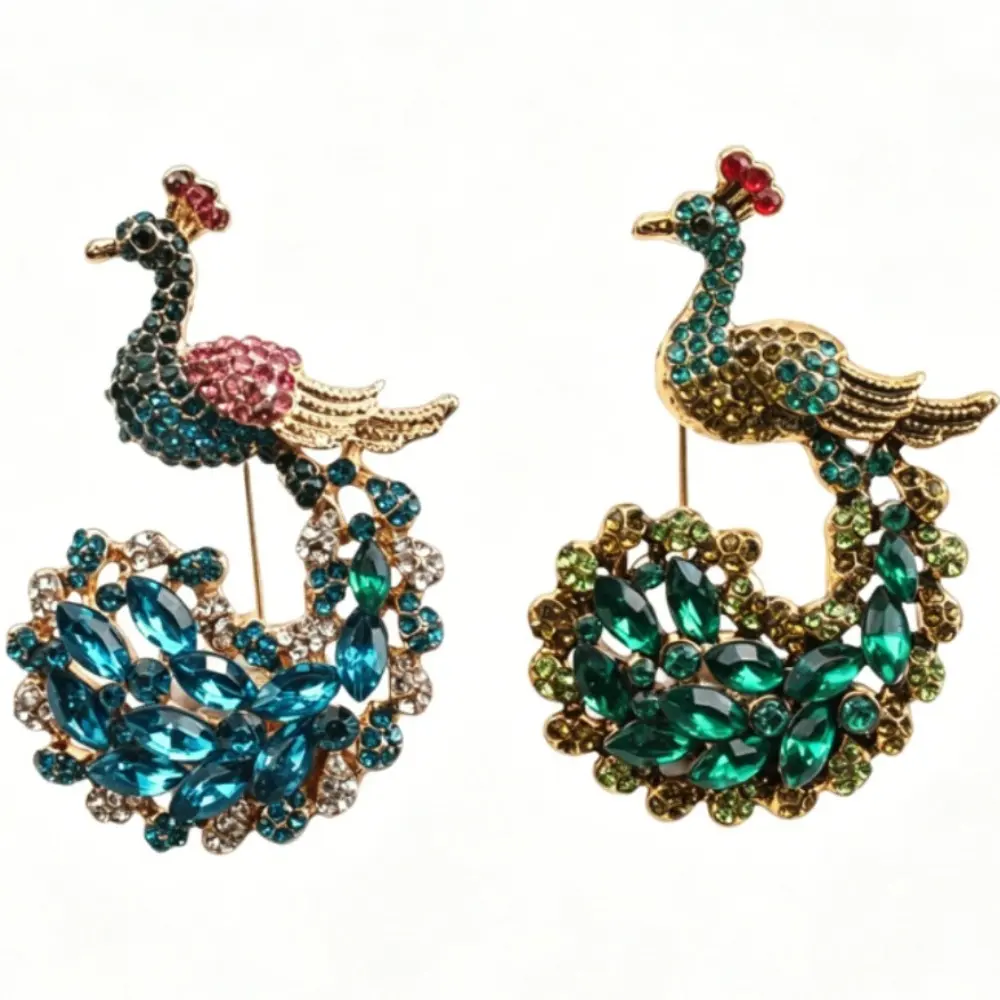 Two Tone Vintage Peacock Brooch Blue Green Pink Rhinestone Gold Bird Lapel Pin Chinese Style Coat Jewelry Gift