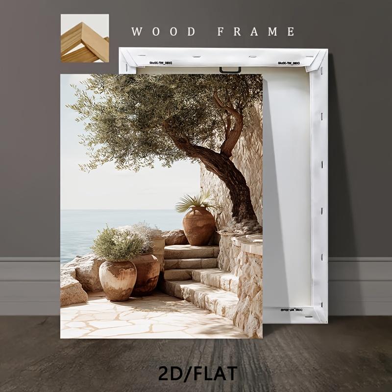 2D Flat Olive Tree Stone Steps Terracotta Pot Mediterranean Wall Art Print, Canvas Wrapped, Hook Type, Rustic Art Deco, Ideal for Living Room, Bedroom, Office, Dining Room, Coffee Shop, Holiday Gift, Outdoor Indoor, Modern Style, Solid Pattern