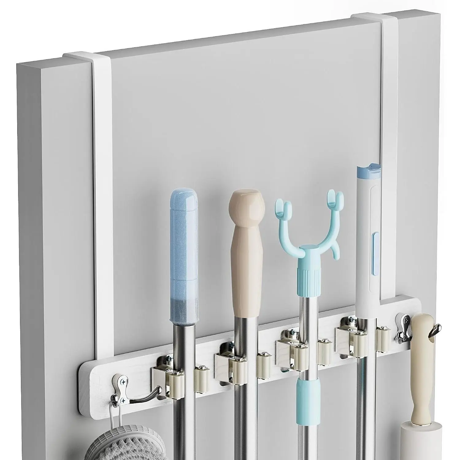 Broom Holder Door Mount,  Over the Door Broom and Mop Holder | 4 Slots 4 Hooks, No Drill Setup, EVA Protection Pads, Secure Grip, Laundry Garage Closet Kitchen Use, White